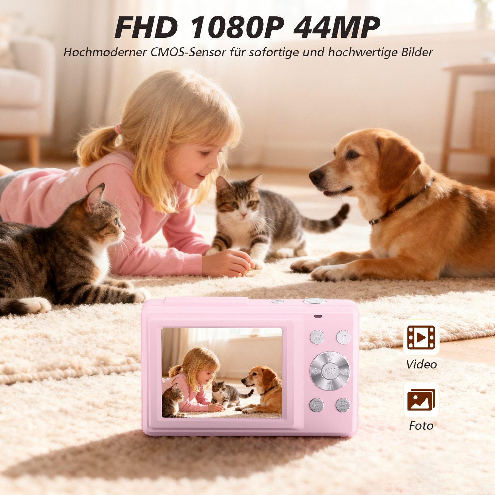 AKKEE Digitalkamera 1080P 44MP Kompaktkamera mit 32G Karte 16X Digitalzoom Kompaktkamera (44 MP, Anti-Shake, Serienaufnahmen, Timer-Aufnahme, Gesichtserkennung)