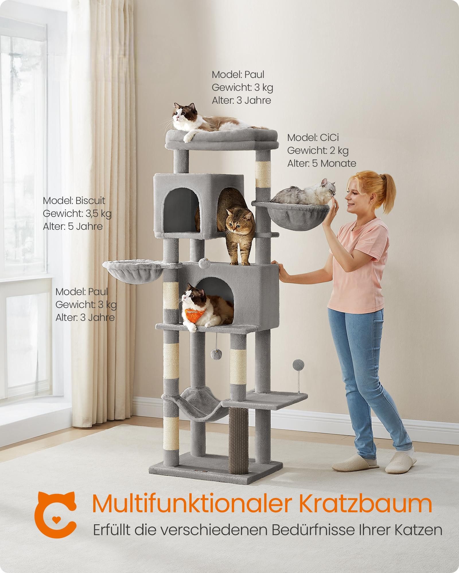 FEANDREA Kratzbaum, mehrstöckiger Katzenbaum, XL-XXL, mit Höhlen und Liegemulden