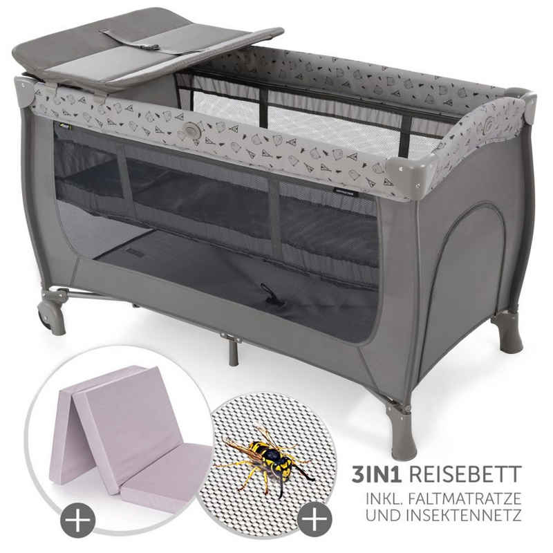 Hauck Baby-Reisebett Set Sleep'n Play Center - Nordic Grey, 7-tlg., mit Matratze, Moskitonetz, Neugeborenen-Einsatz, Wickelauflage, Rollen