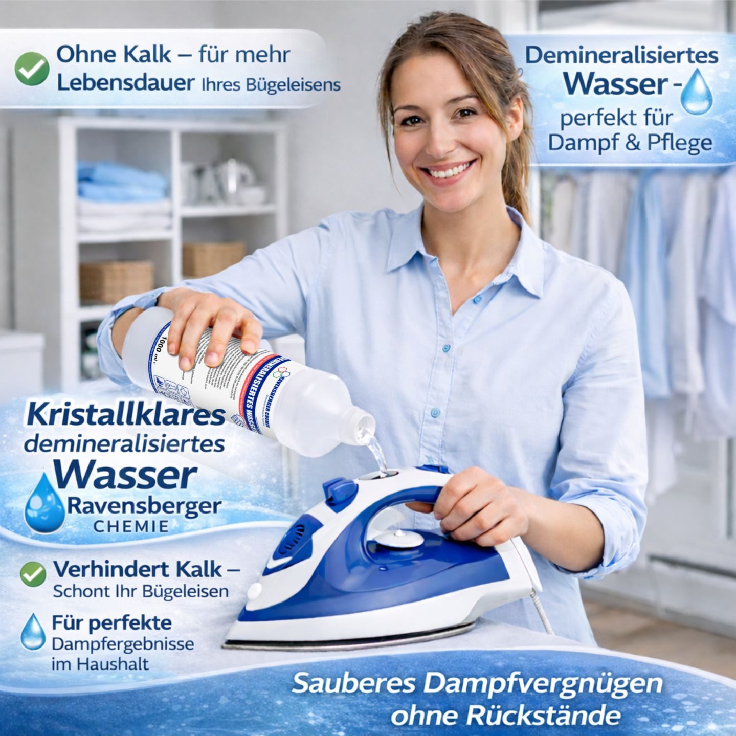 Ravensberger Chemie Bügelwasser VE-Wasser Demineralisiertes Wasser - 10 L, 10 Liter Kanister von Ravensberger Chemie -, kalkfrei für Auto, Batterie, Haushalt, Dampfbügeleisen und Labor