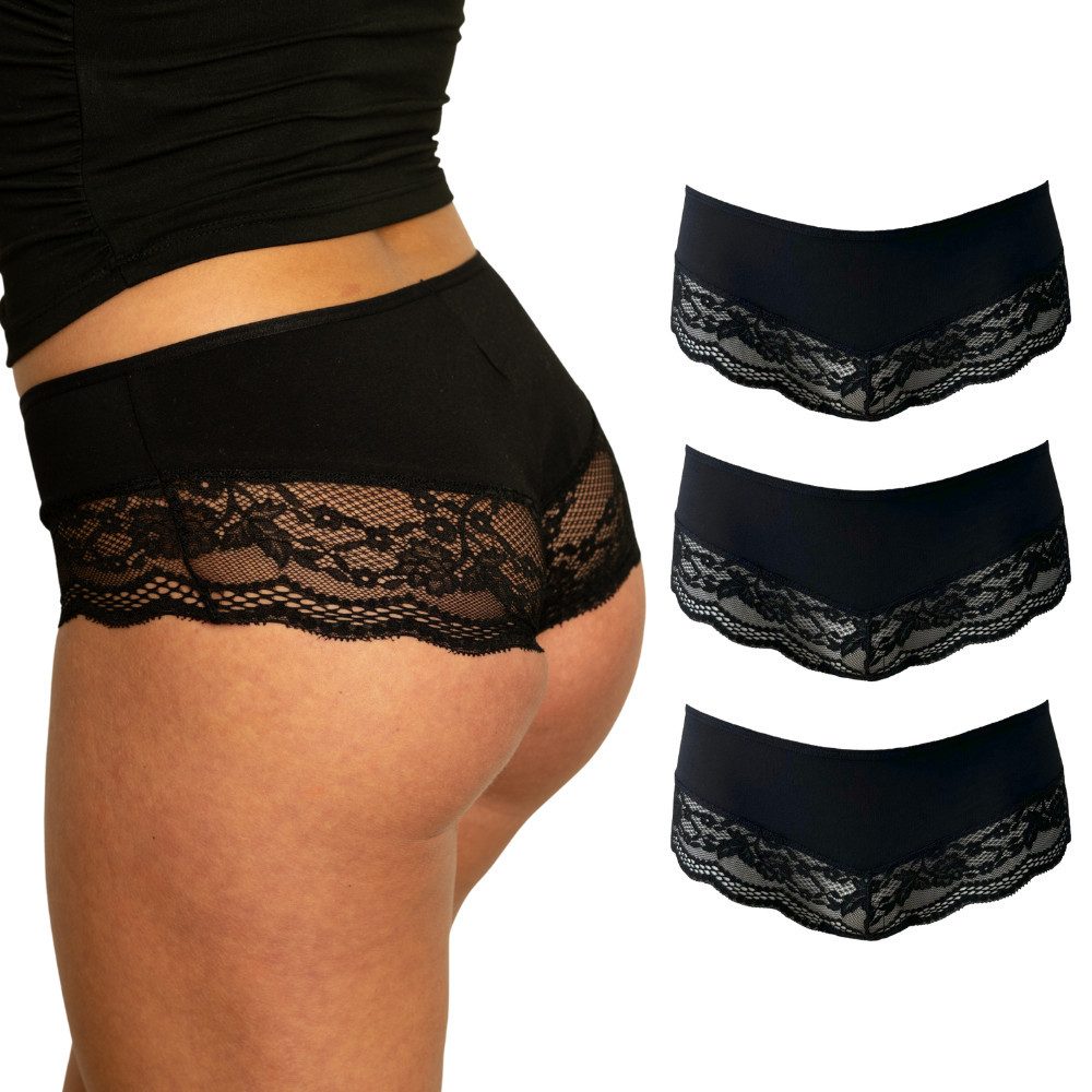 Benonetti Hipster Damen Unterwäsche – Baumwolle Hipster-Slips mit nahtloser Spitze (3er Set, 3er-Pack) mit Spitze, Elastikbund, Gemusterte Brasilslips