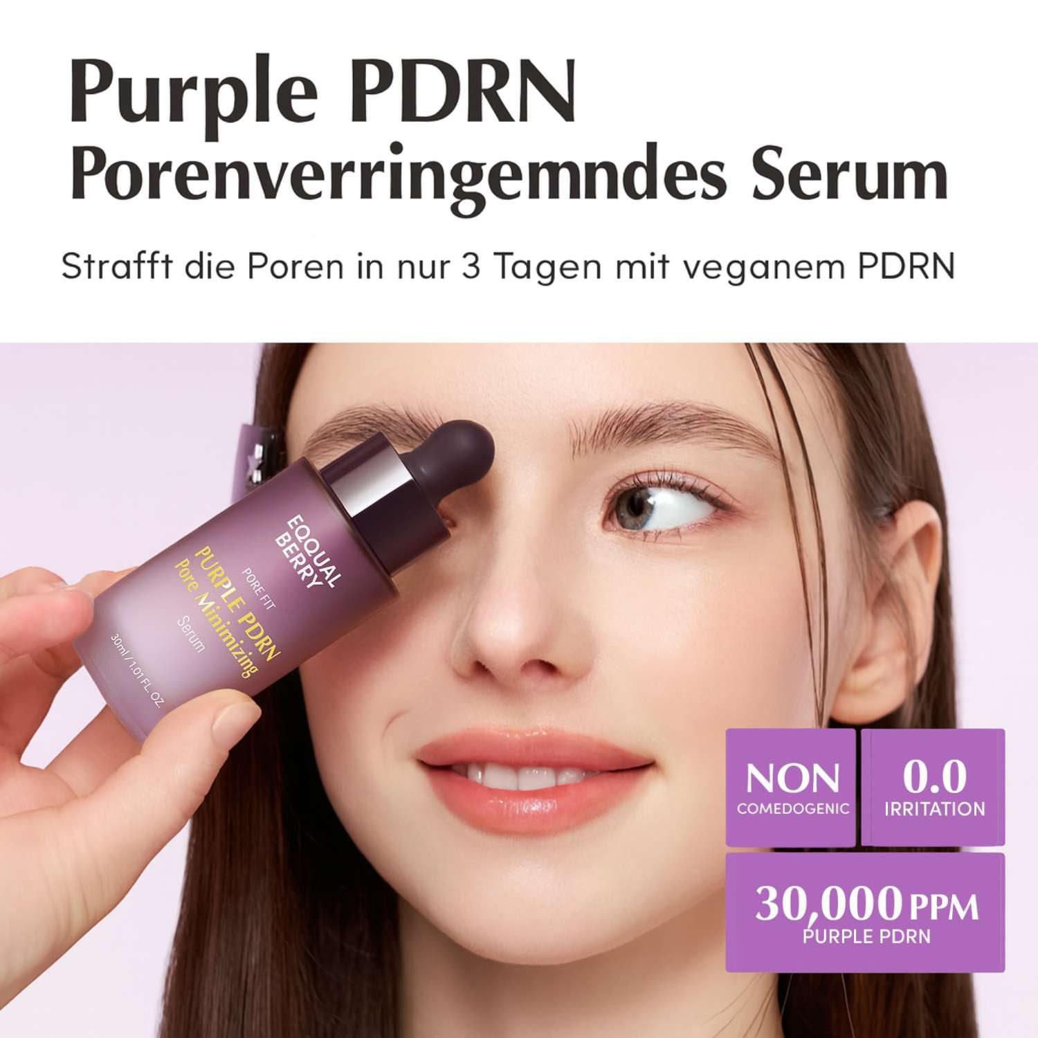 Eqqualberry Gesichtsserum Purple PDRN Pore Minimizing Serum, 30 ml – porenverfeinerndes Gesichtsserum mit 3 % PDRN & 4 % Niacinamid, PHA, Ceramiden &, Hyaluron – leichte Textur, vegan, duftfrei, für empfindliche Haut