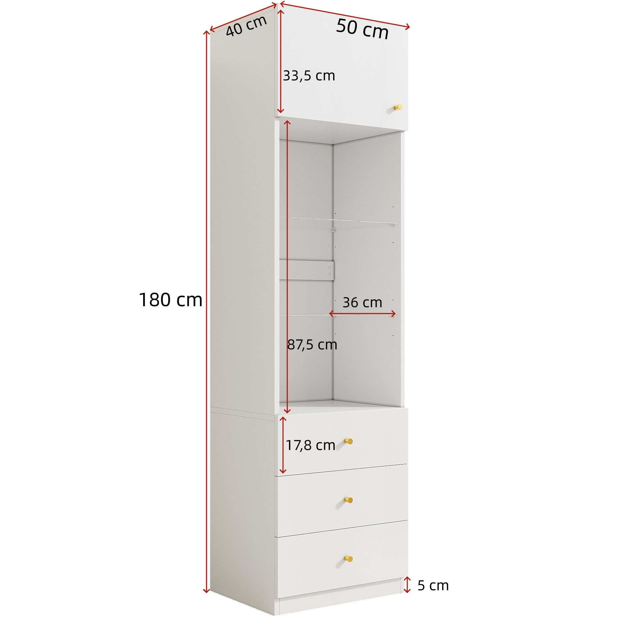 Flieks Hochschrank Bücherregal mit höhenverstellbare Glaseinlegeböden (1-St., 50×40×180 cm) Mehrzweckschrank Standvitrine mit 4 Fächern und Schubladen Weiß – Bild 5 von 5