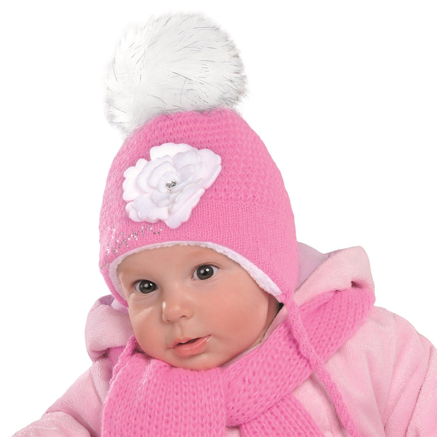 Smarilla Mütze & Schal Strickmütze Strickschal Baby Mädchen Winterset praktische Bindebänder Pink-Weiß