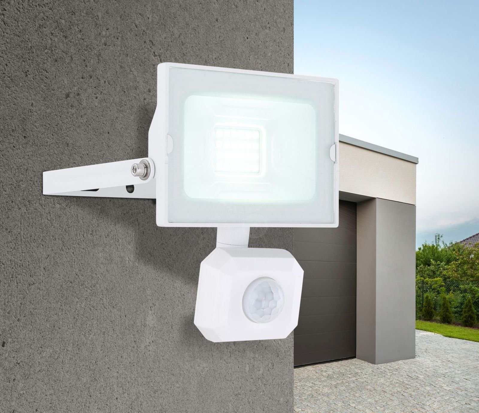 GLOBO LIGHTING Außen-Wandleuchte Wandleuchte außen LED Bewegungsmelder Außenwandleuchte Strahler, spritzwassergeschützt, Bewegungsmelder: 2-8 Meter / 110° Grad, Lebensdauer LED: 20000 h, schwenkbar, LED fest integriert, Kaltweiß, Außenwandlampe