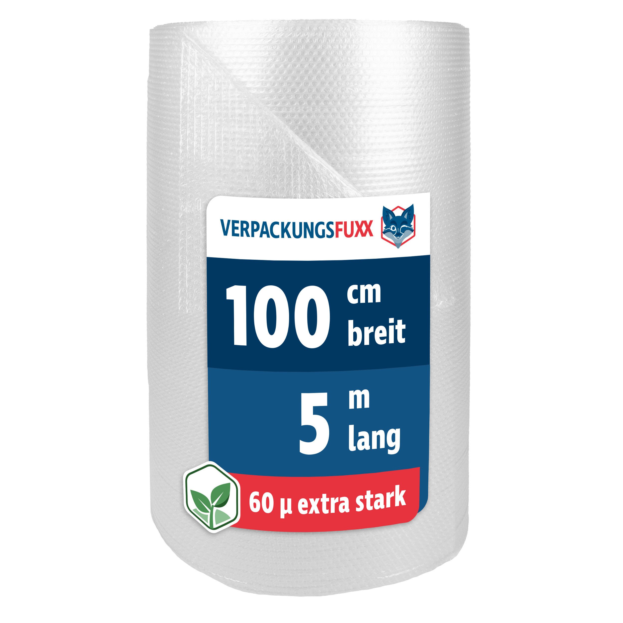 VERPACKUNGSFUXX Schutzfolie Luftpolsterfolie 60 µ extra stark, (100 cm x 5 m, 2-schichtig, 10-mm-Noppen), aus 50% recyceltem Material