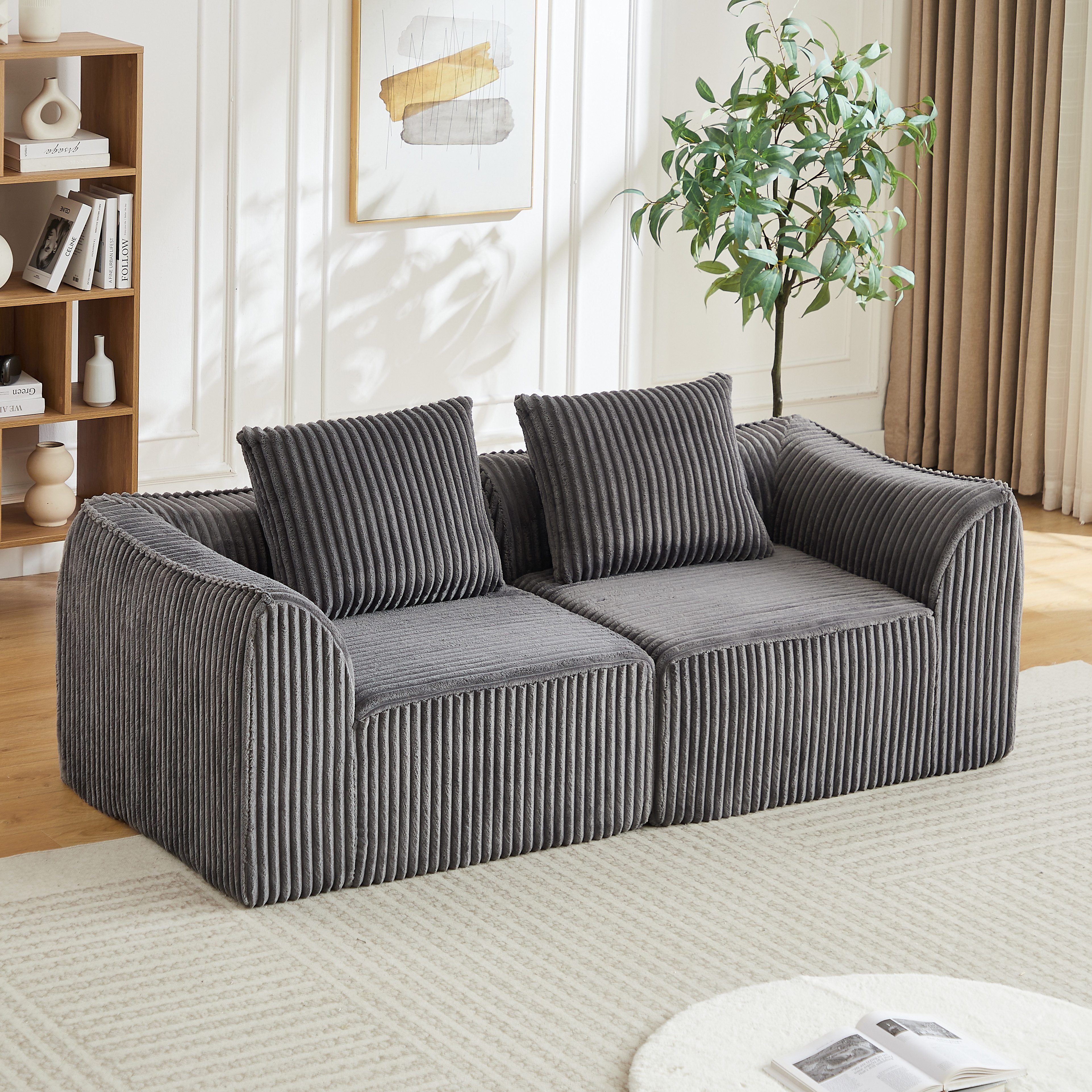 REDOM Sofa Minimalistisches Cordsofa, mit fließenden, geschwungenen Linien, einer sanft abfallenden Rückenlehne