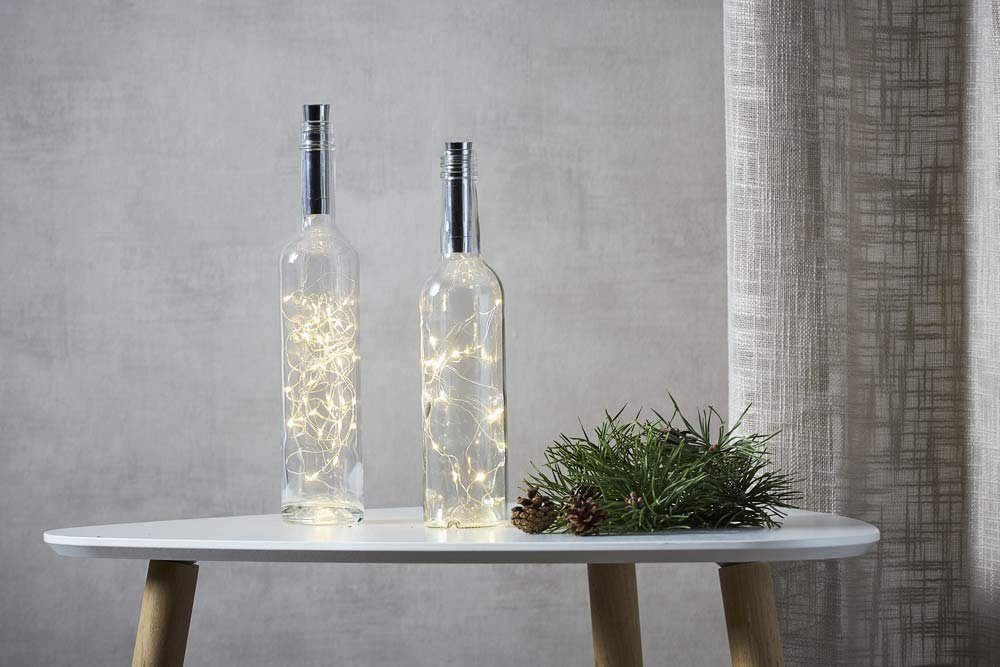 STAR TRADING LED-Lichterkette Dew Drop, Korken Draht silber 0,75m Timer warmweiß für Flaschen