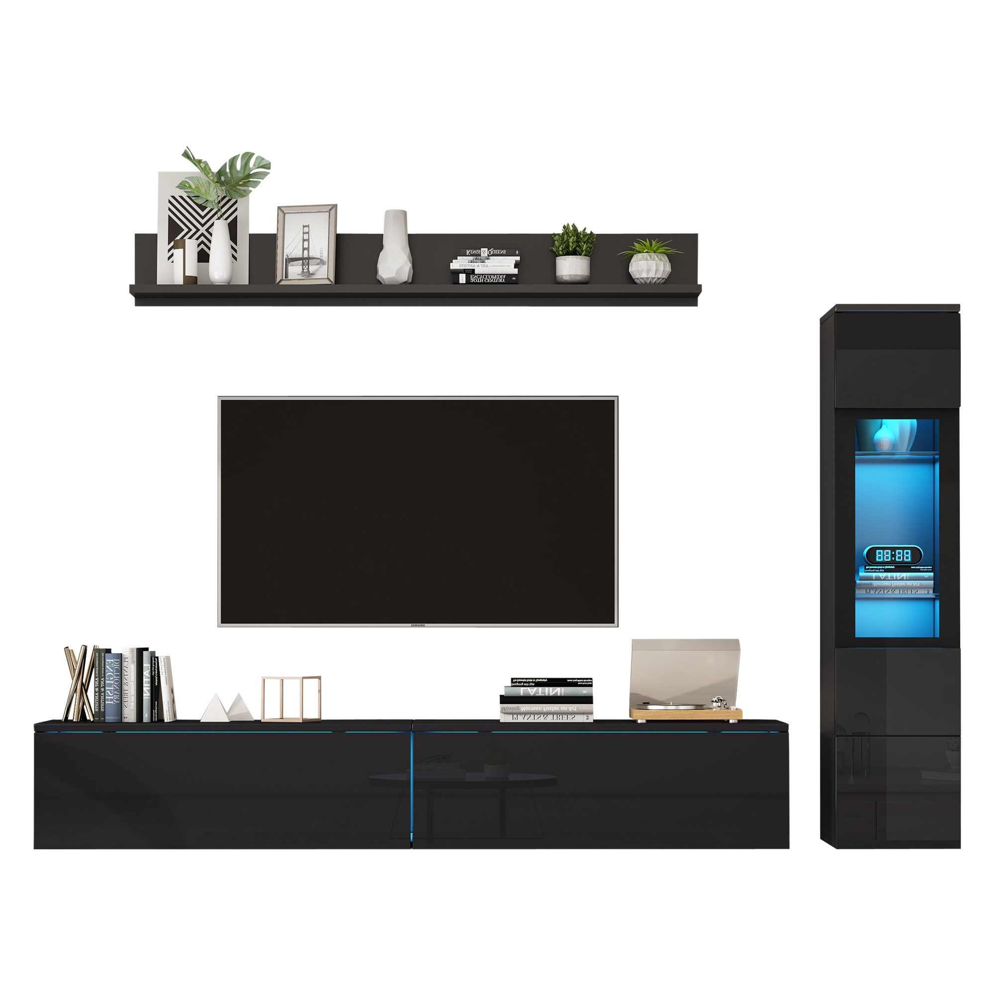 ANYSUN Wohnwand TV Wohnwand Set 3-teilig LED Beleuchtung Hochglanz Schwarz Wohnzimmer, (Set, 1 x TV Schrank, 1 x Wohnzimmer Vitrine, 1 x Hängeregal), Möbel Set Frontale Wohnwand