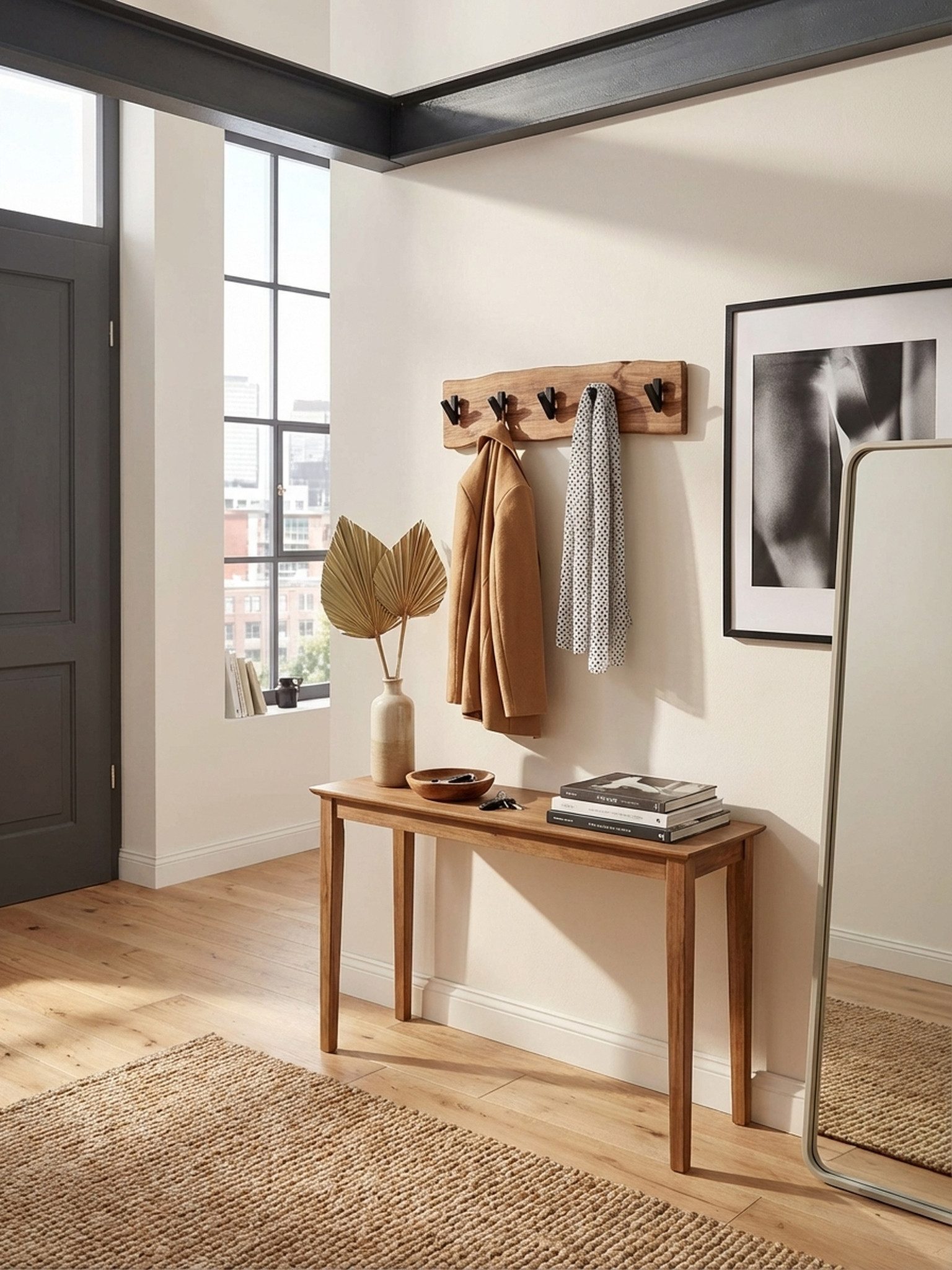 KADIMA DESIGN Wandgarderobe Design Wandgarderobe Akazie Massivholz / Metall 60 x 17 x 9 cm (Garderobe Holz), Hakenleiste Flurgarderobe Wand