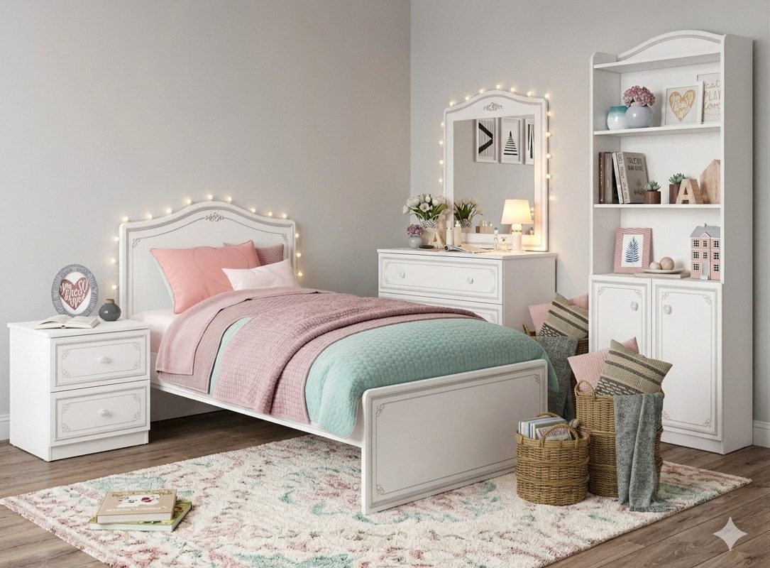 Möbel-Zeit Jugendzimmer-Set Selena Grey Kinderzimmer-Set, 5-tlg. – Weiß mit grauen Ornamenten