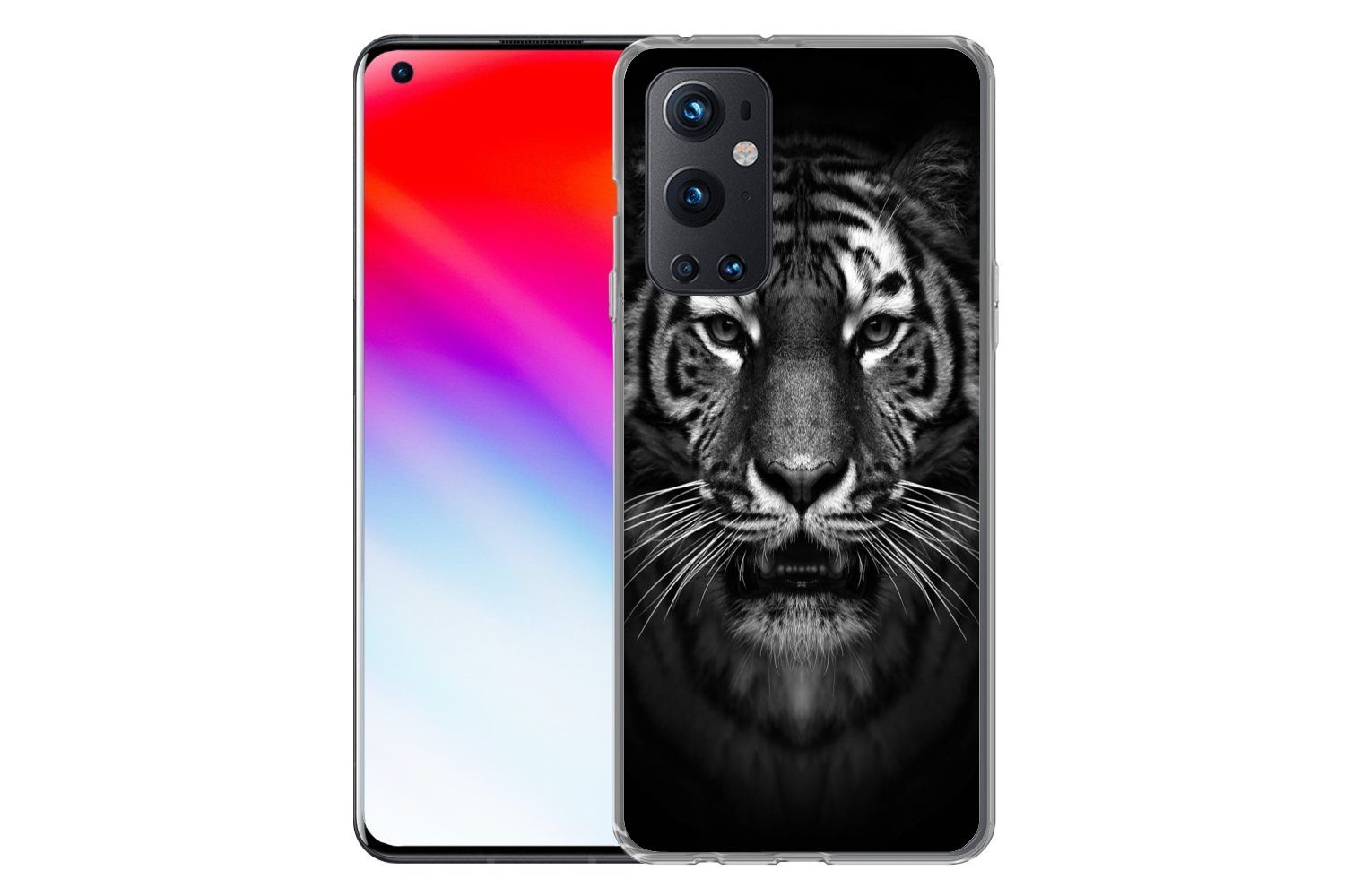 MuchoWow Handyhülle für OnePlus 9 Pro Tiger - Tiere - Schwarz - Weiß - Porträt - Wild, Phone Case, Silikon, Schutzhülle Dünn