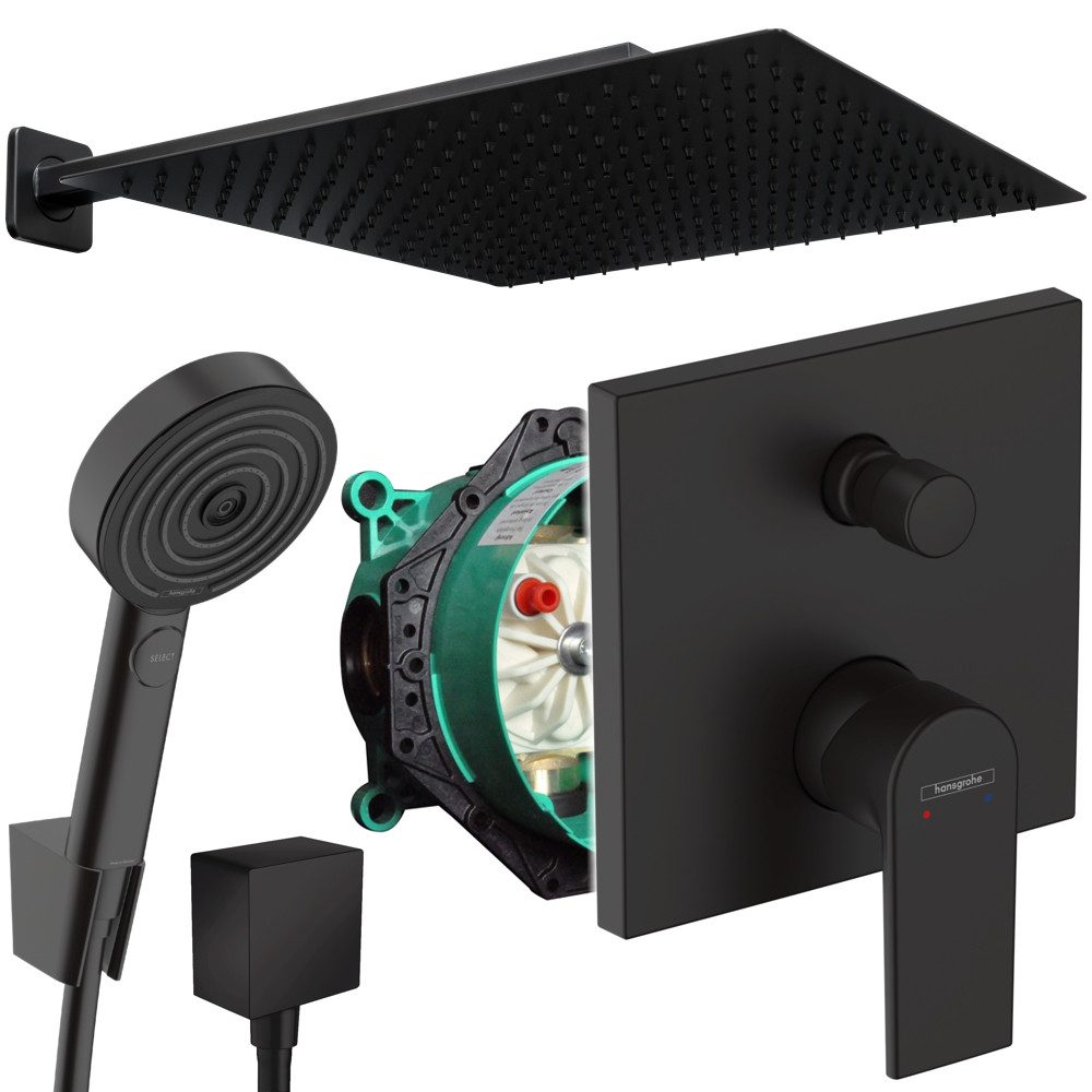 Hansgrohe und Jowi Duscharmatur Vernis Shape Unterputz Duscharmatur Schwarz, Pulsify Select S (Unterputz-Duschsystem, Größe wählbar: [XL/XXL) Handbrause: komfortable Strahlartenumstellung durch Select-Taste