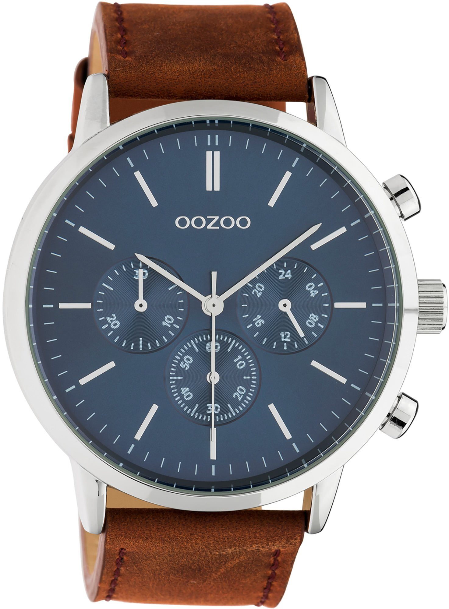 Oozoo Indizes Fashion-Style, Zeiger extra Herren Armbanduhr braun OOZOO (ca. Lederarmband, 48mm) silberne Herrenuhr Quarzuhr groß rund, und Analog,