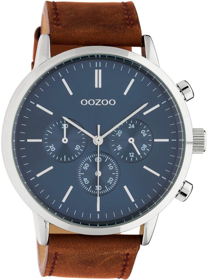 OOZOO Quarzuhr Oozoo Herren Armbanduhr braun Analog, Herrenuhr rund, extra  groß (ca. 48mm) Lederarmband, Fashion-Style, silberne Zeiger und Indizes