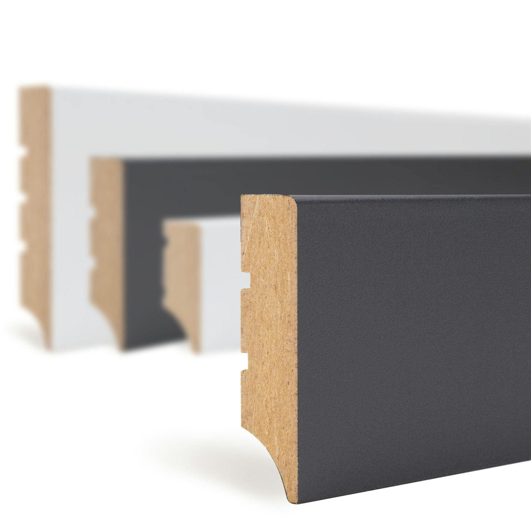Hexim Sockelleiste, Fußleisten 50x12mm Плинтусы schwarz MDF foliert, Fußbodenleisten glatt Weimarer Profil Holzfußleisten, 60 Meter / 30 Leisten