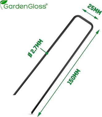 GardenGloss Bodenanker Stahl-Erdanker: Ø2.7mm - 150mm x 25mm für Unkrautvlies, Zaun, Camping, (25-St)