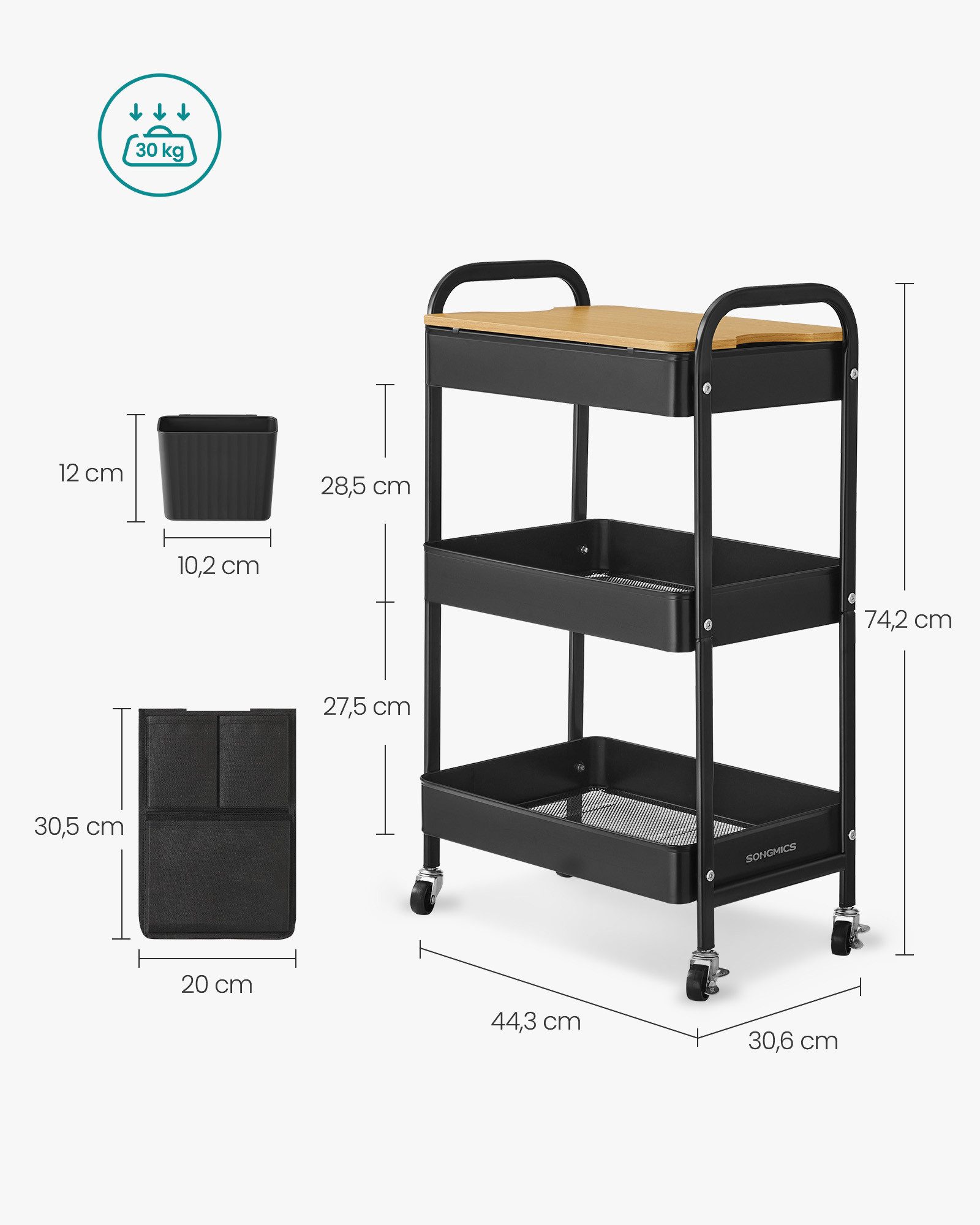 SONGMICS Beistellwagen Rollwagen, Küchenwagen, Servierwagen, 3 Gitterablagen, 2 Hängebehälter, 2 Organizer, 45x30x77cm