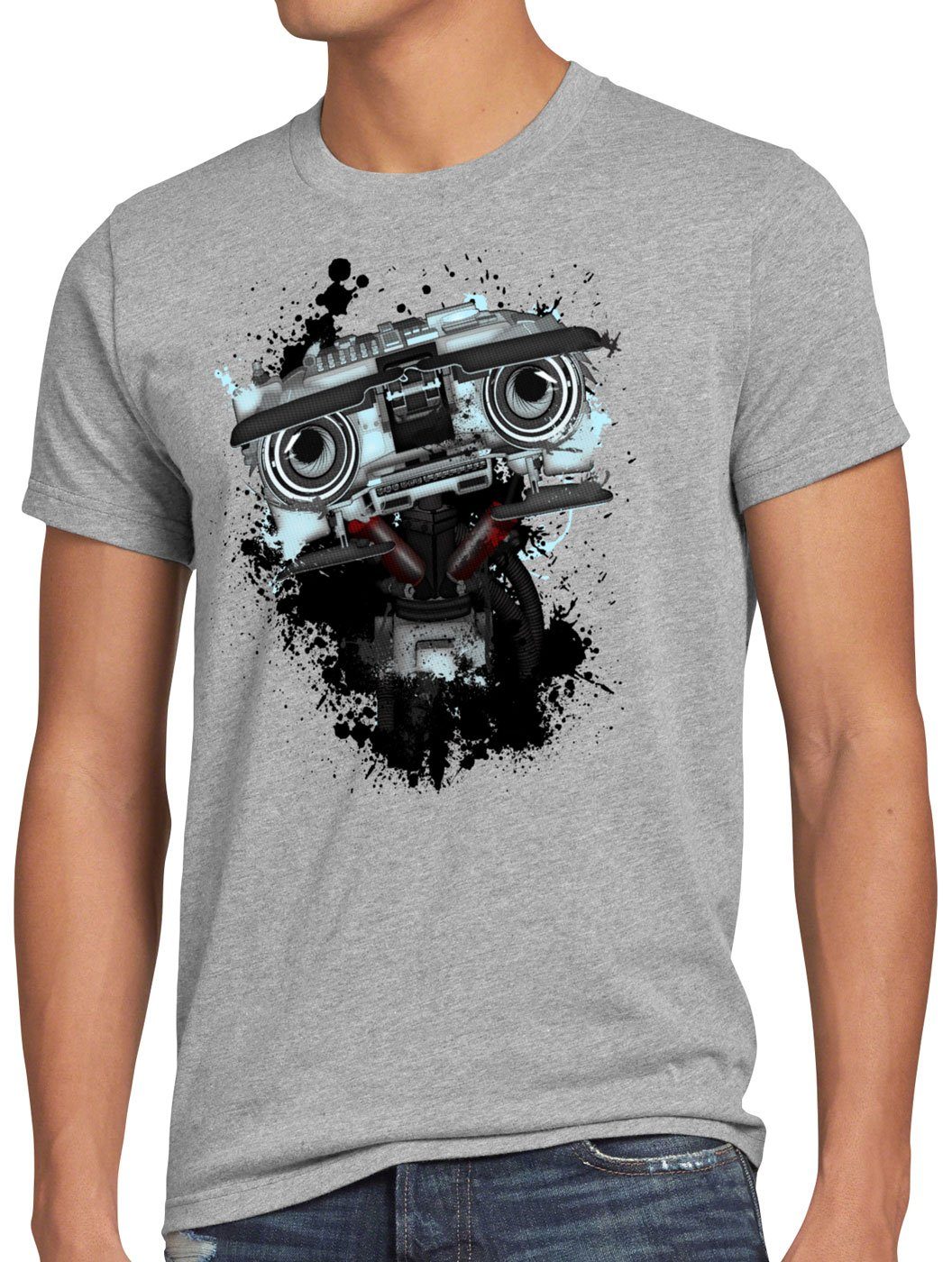 style3 Print-Shirt Herren T-Shirt Nummer 5 johnny fünf roboter short circuit grau meliert