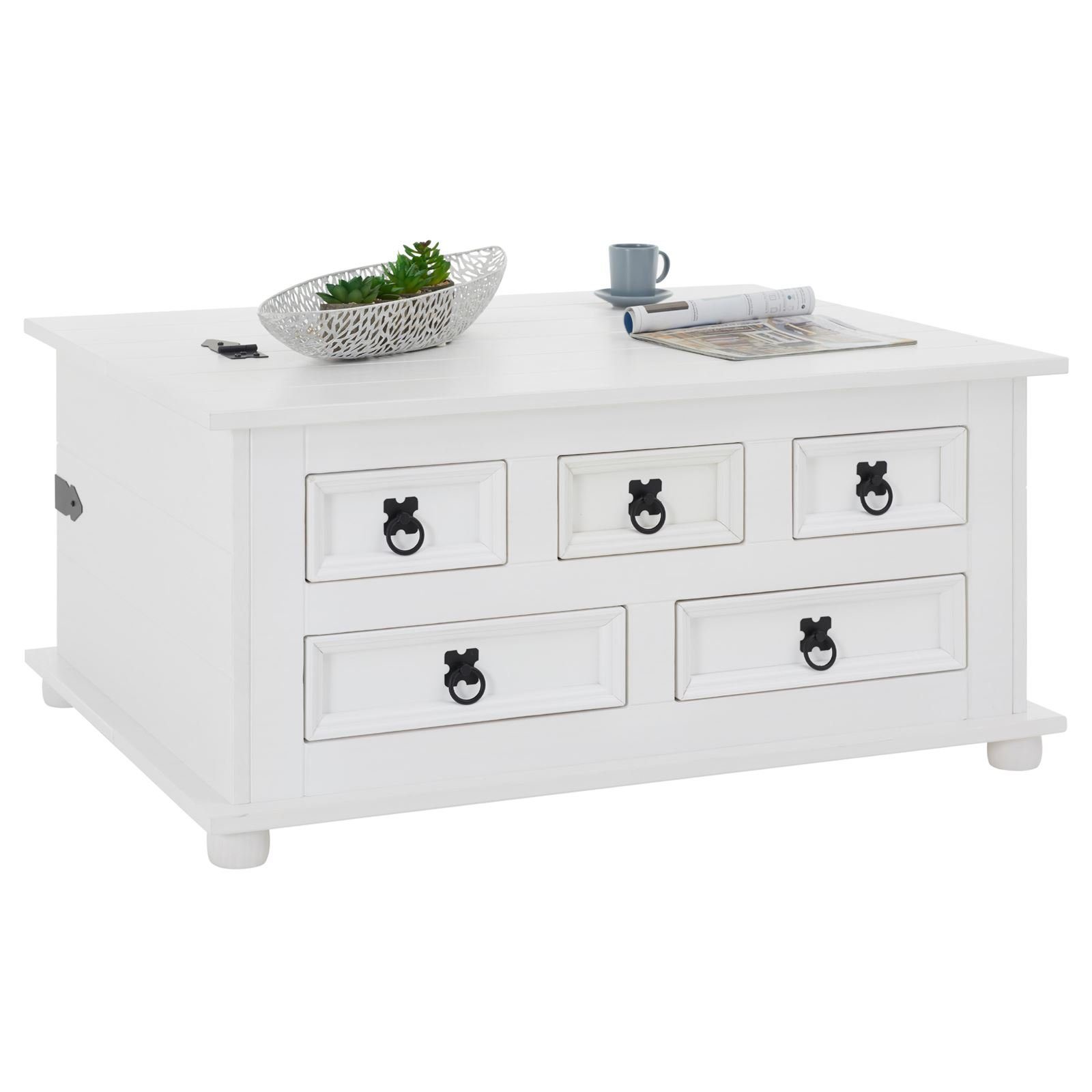 IDIMEX Truhentisch TEQUILA, Mexico Truhe mit Deckel & 5 Schubkästen, Kiefer Massivholz weiß