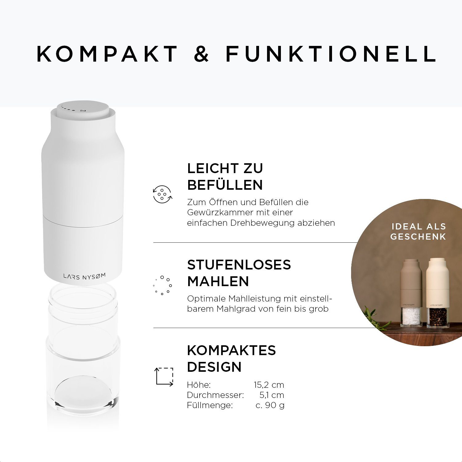 White LARS Keramik-Mahlwerk and Manuell, Omvendt einstellbarem Salz-/Pfeffermühle mit Black NYSØM