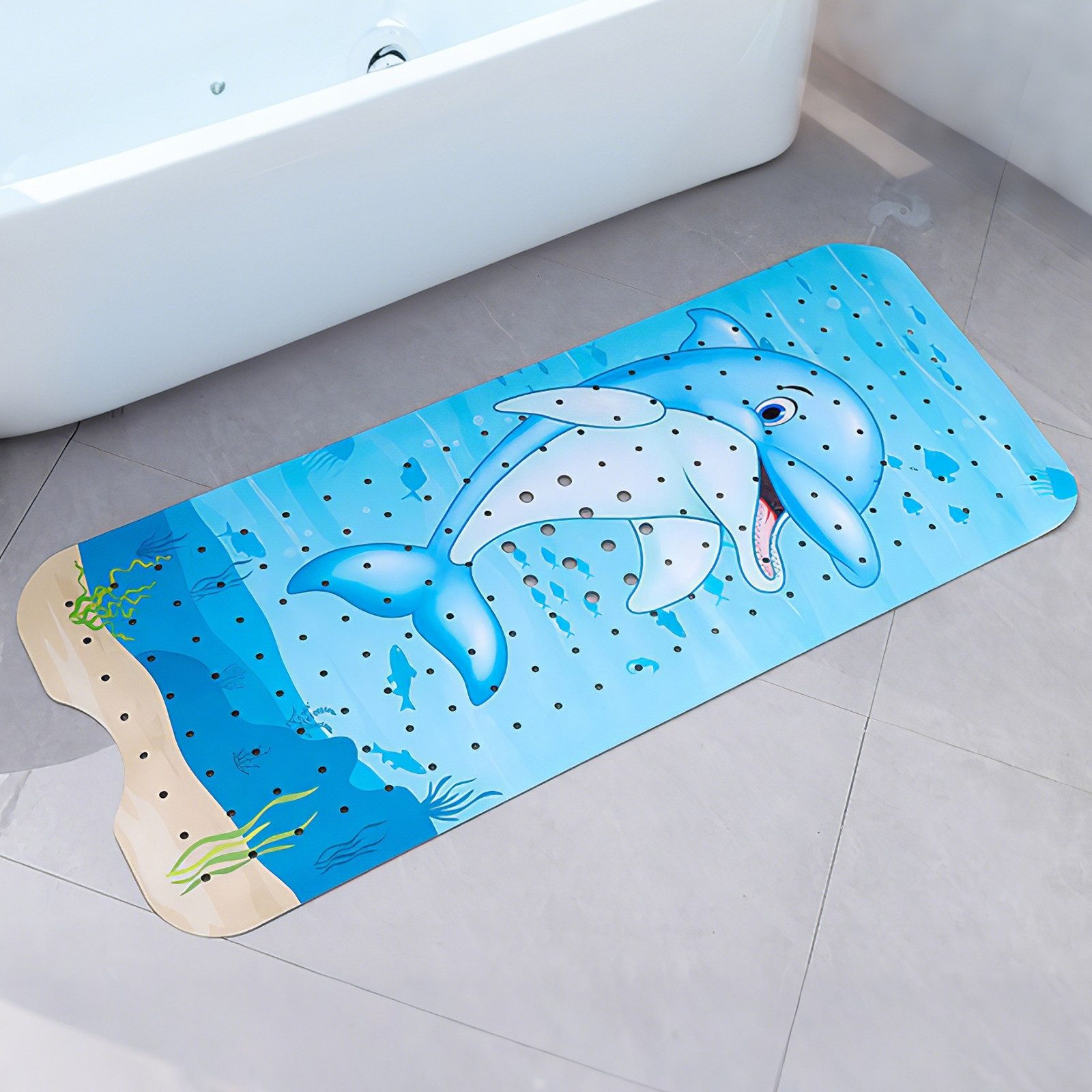 BlingBin Bath Mat, Non-Slip, 100x40cm, Bath Mat, W: 40 cm, L: 100 cm, 1-Piece Set, with Suction Cups and Drain Holes, Machine Washable, Anti-Mold, Dolphin Design