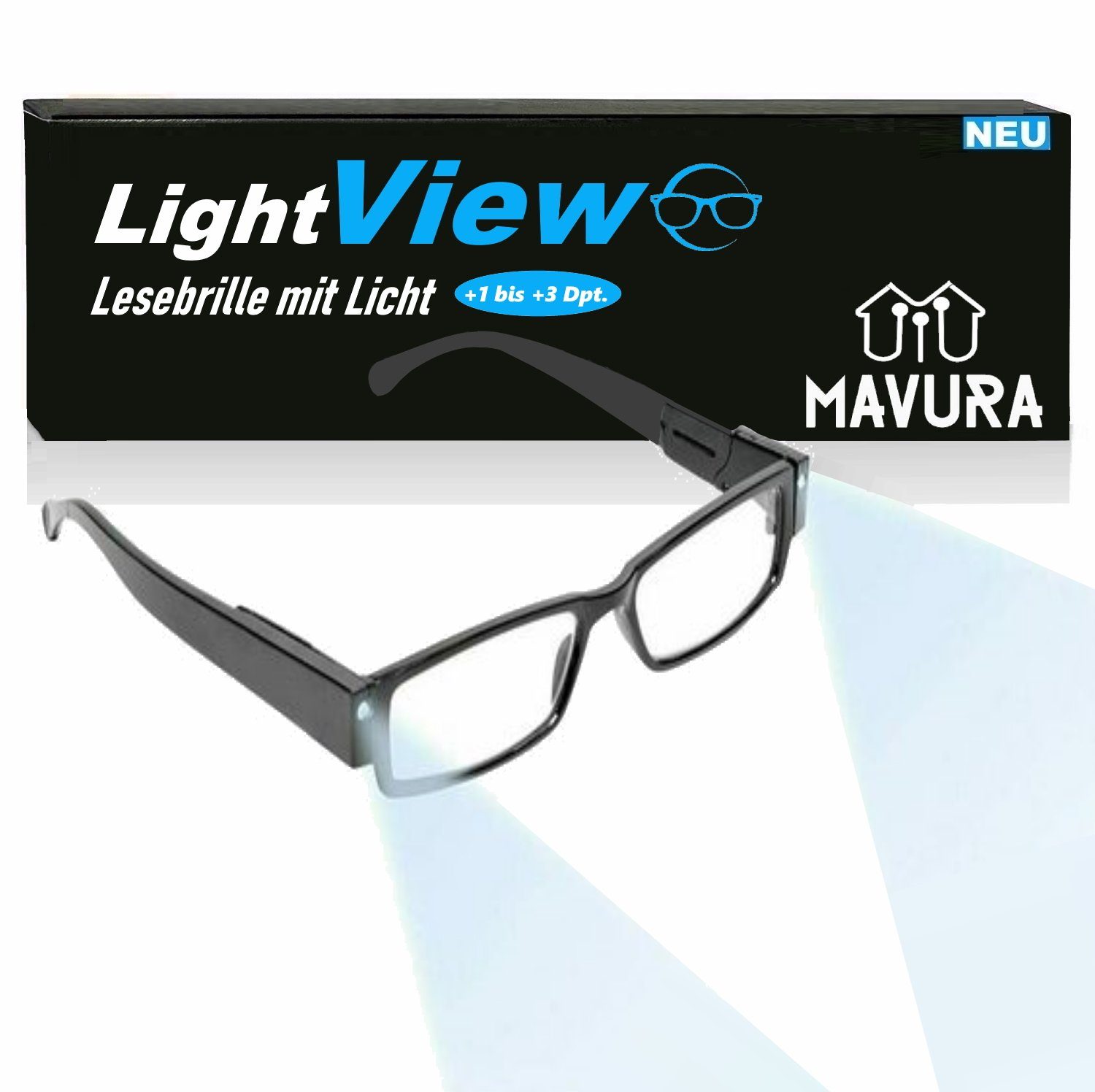 MAVURA Lesebrille mit 3 Unisex 1 Leselicht, LED Blaulichtfilter Lesehilfe Licht Lesebrille 2 Brille Dioptrien LightView Schwarz