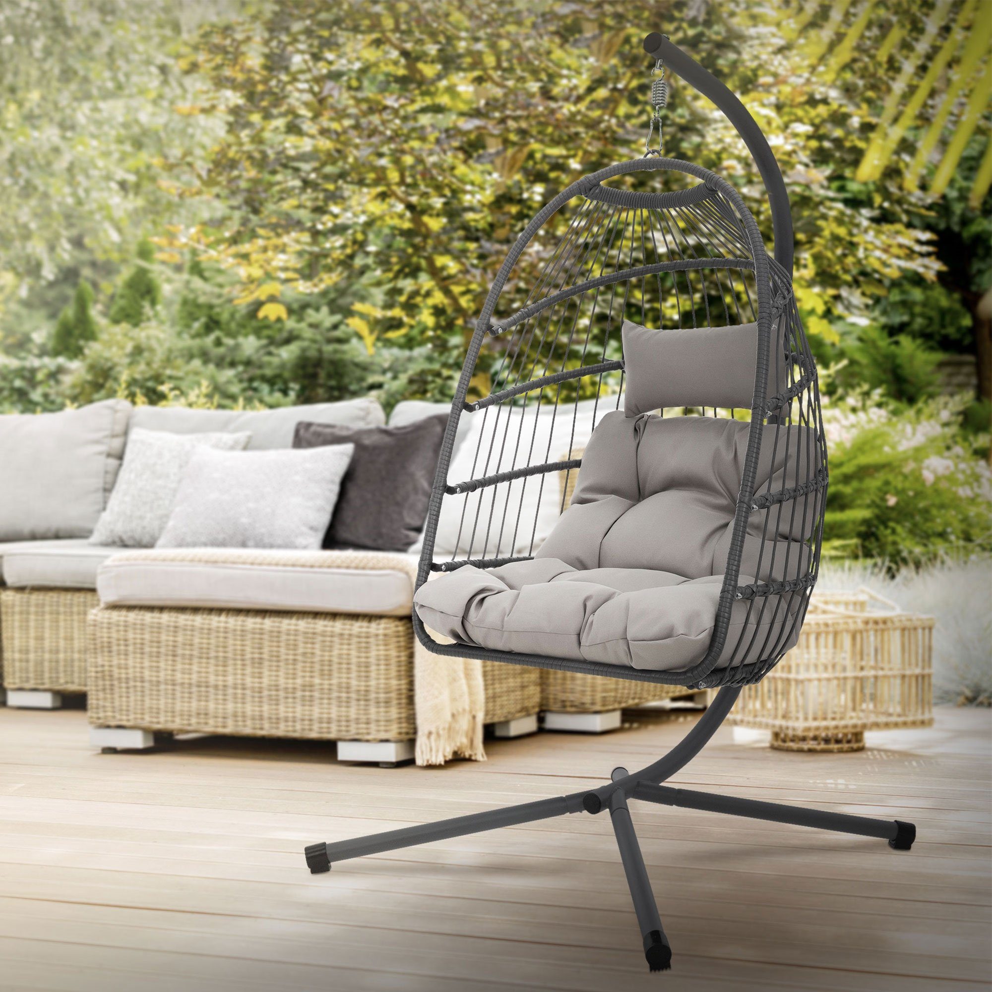 ML-DESIGN Hängesessel Hängestuhl Hängekorb Hängeschaukel Hängesitz für Garten, Gestell großen Kissen Deckenhalterung Grau Rattan-Optik Indoor/Outdoor