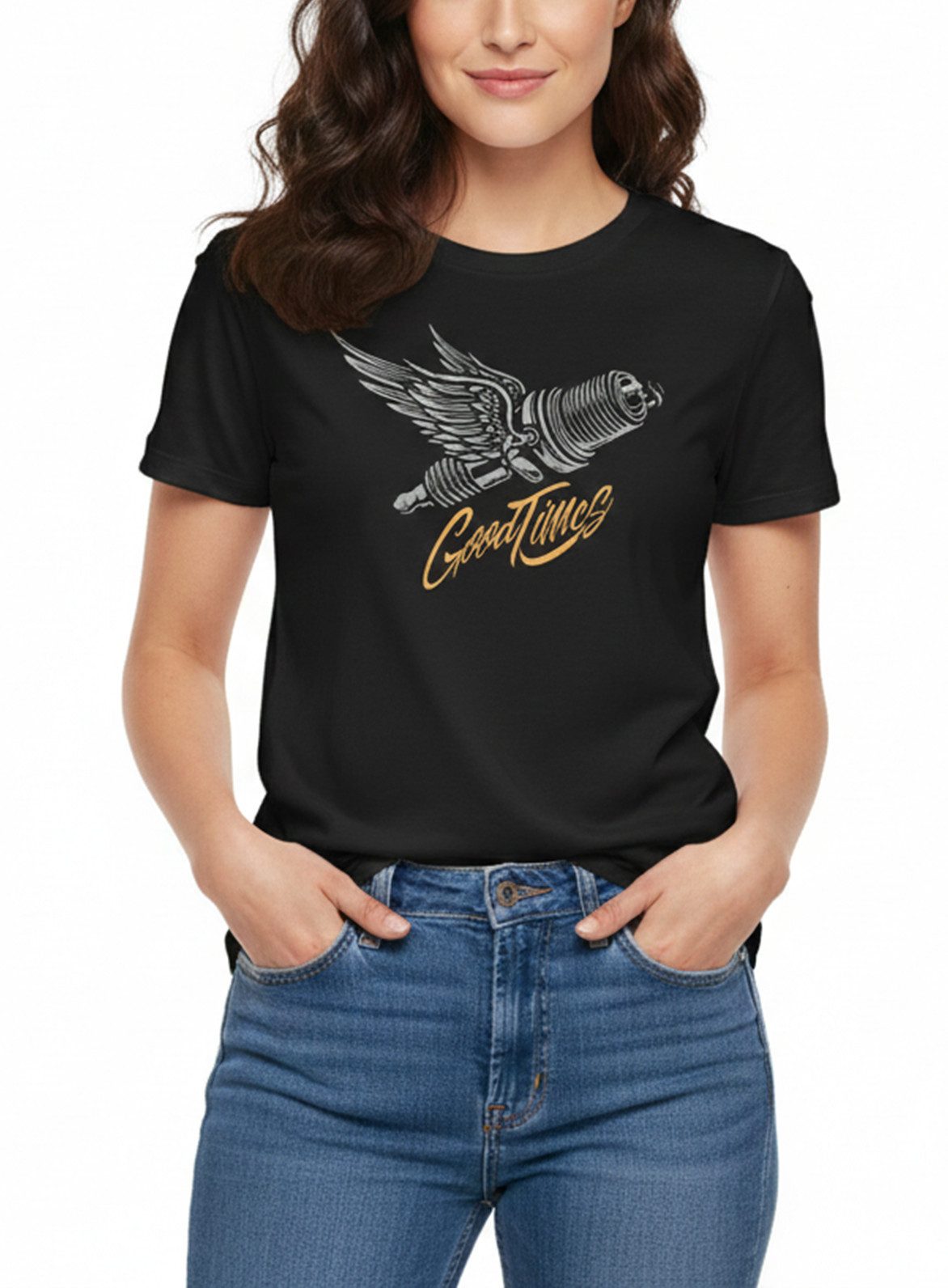 MAKAYA Print-Shirt Schwarz Damen Motorrad Bekleidung Biker Motiv Frauen Kurzarm Top