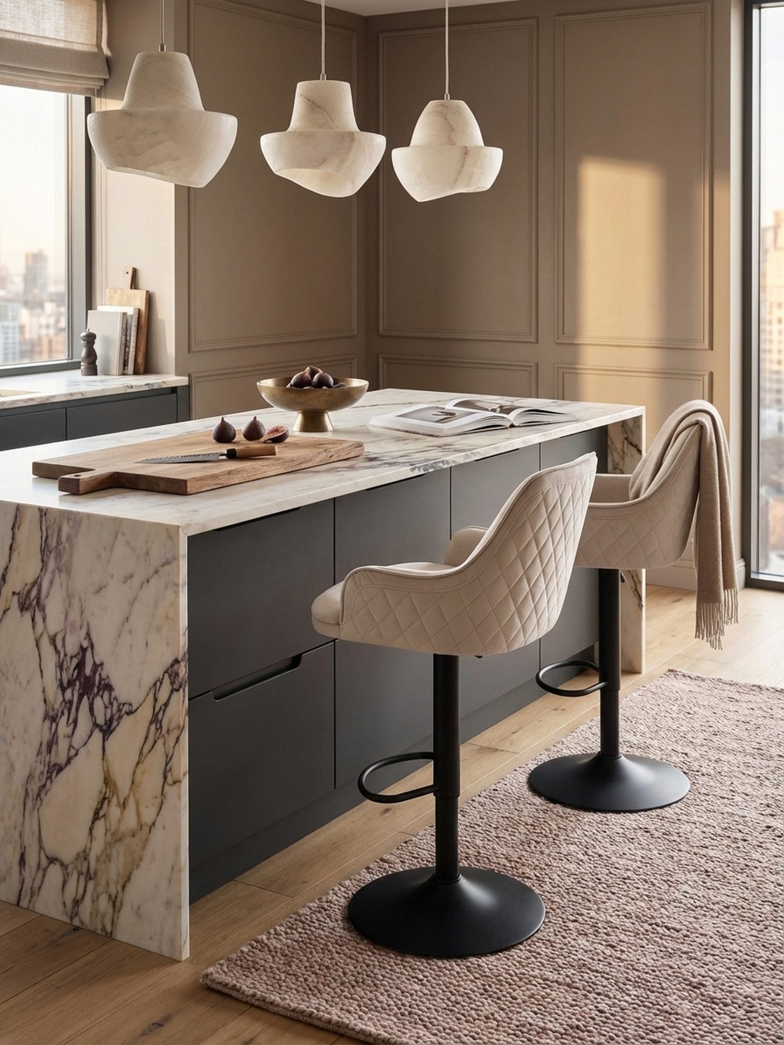 KADIMA DESIGN Barhocker Barhocker Samt Beige Hocker mit Lehne 86 - 106 cm, Küchenhocker (Metall-Trompetenfuß, Bistrohocker Gepolstert mit Armlehne), Höhenverstellbar Modern 100 kg, Barstuhl Tresenhocker mit