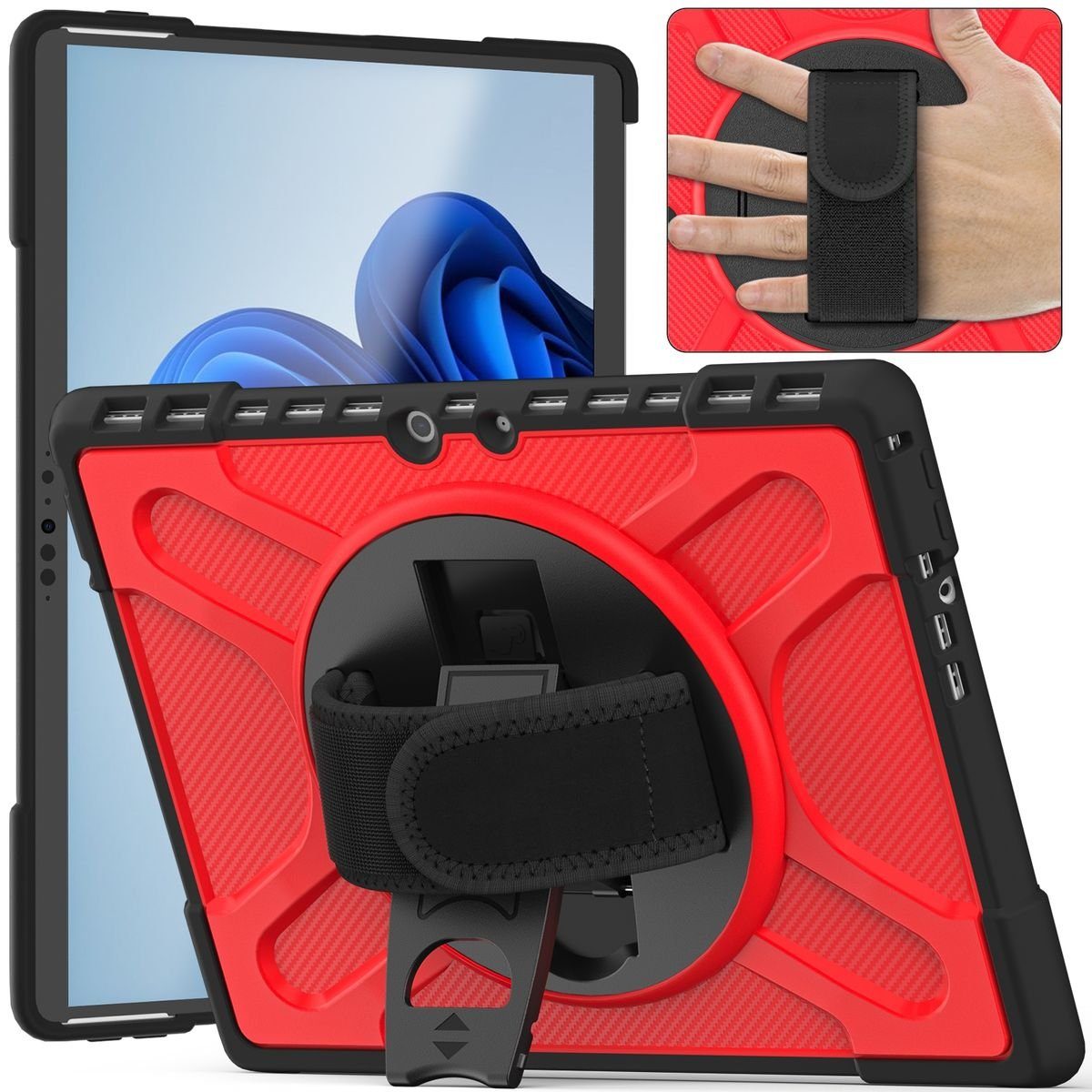 Wigento Tablet-Hülle Für Microsoft Surface Pro 8 aufstellbare Outdoor  Hybrid Rot 360 Grad mit Trage Gurt Tablet Tasche Etuis Cover Case Schutz  Robust Neu
