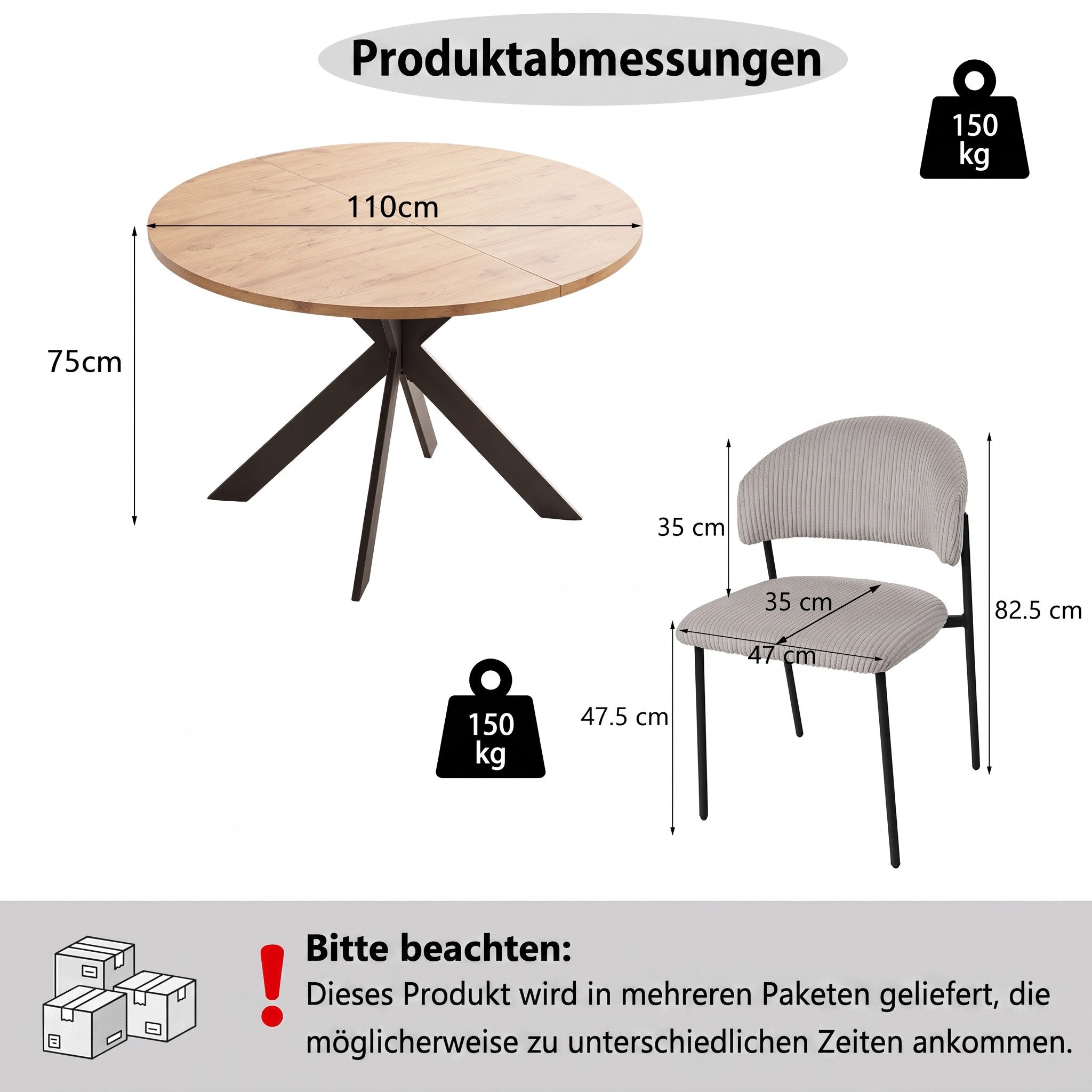 Jiexi Essgruppe Runder Esstisch 110cm MDF Set mit 4 Cord Stühlen Kreuzgestell – Bild 3 von 5