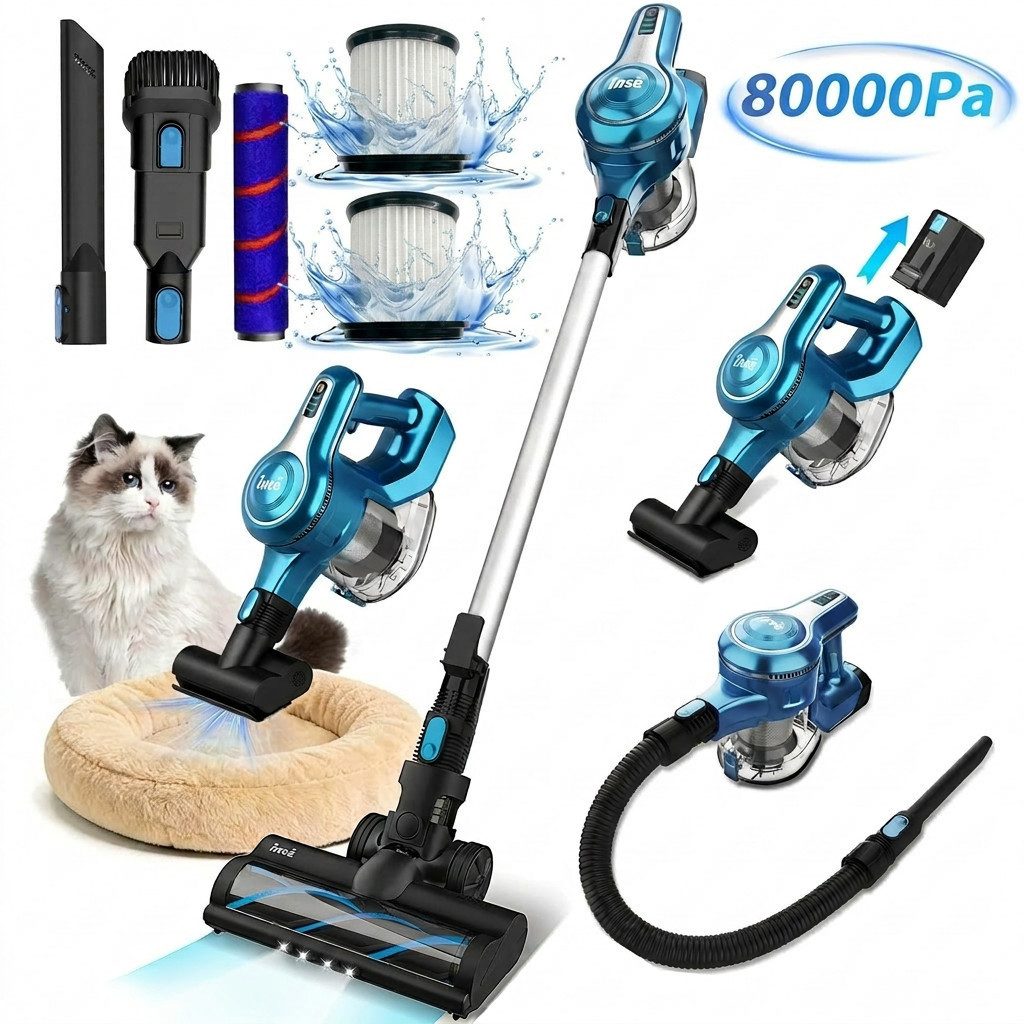 INSE Akku-Hand-und Stielstaubsauger 2026 Neuer Akku Staubsauger 80000 Pa/50 Min/1,2 L Staubsauger Kabellos, mit Beutel, 50 dB leise/5-Stufen-HEPA Filter/LED Display, für Böden/Teppiche/Auto