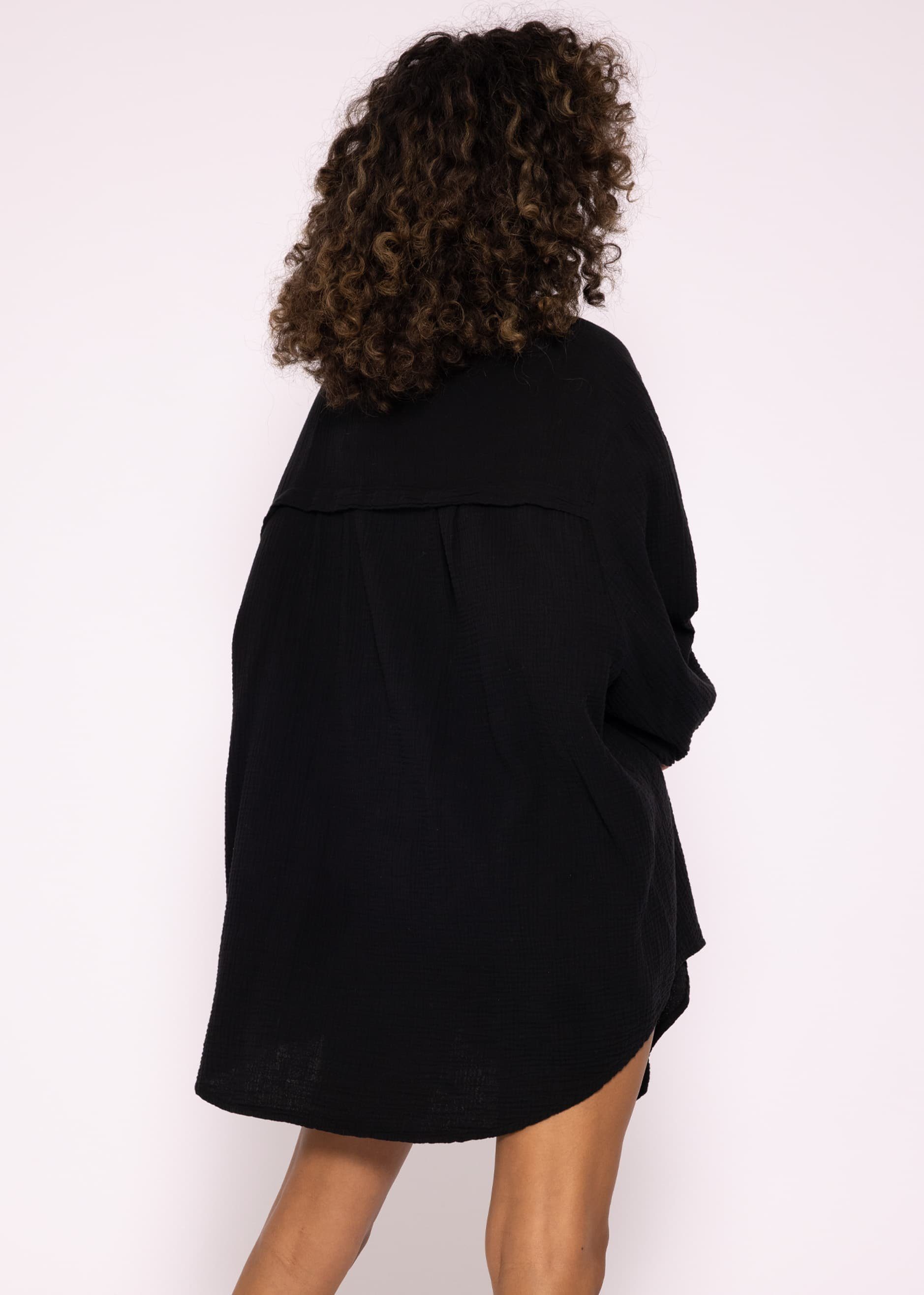 Oversize lang Longbluse Damen (Gr. Baumwolle Schwarz Hemdbluse Langarm V-Ausschnitt, Musselin One Size Bluse aus mit 36-48) SASSYCLASSY