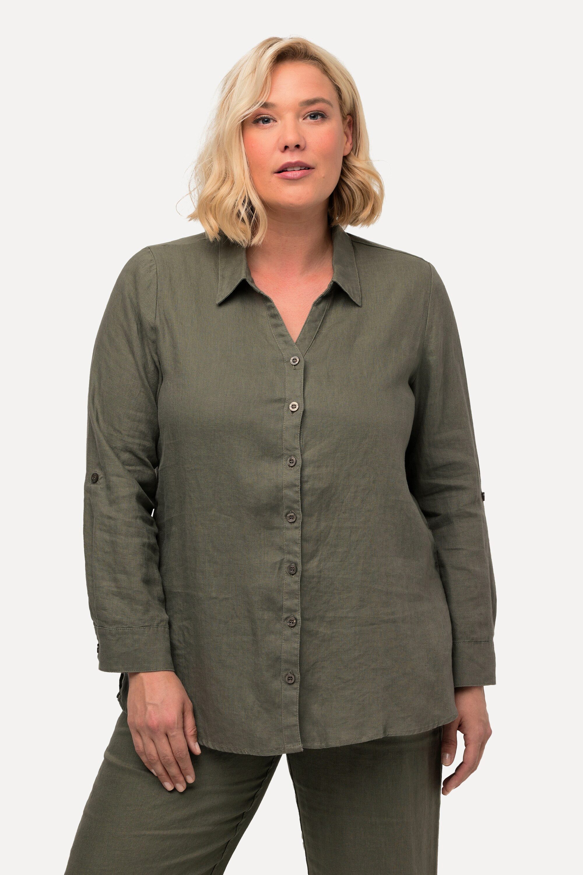 Hemdbluse Bluse Leinen offener Kragen Langarm