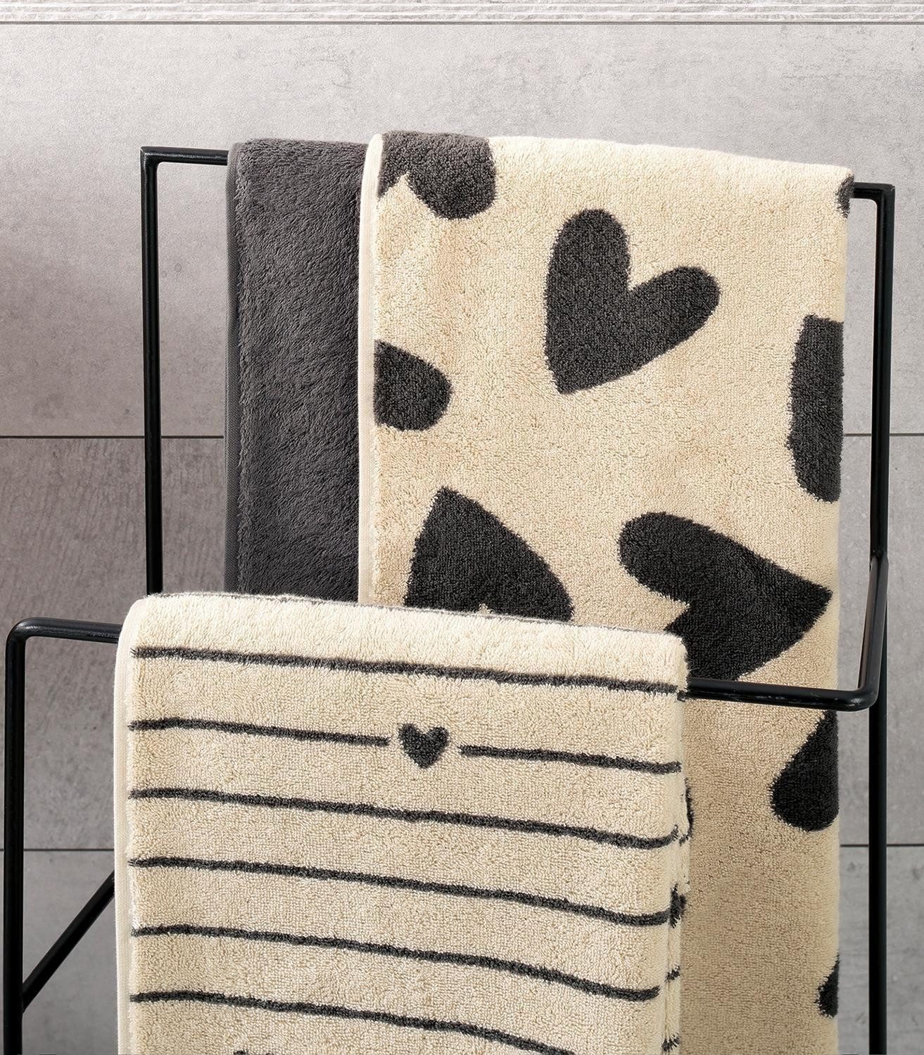 Cawö Handtuch HEART BEATS, 50 x 100 cm, Beige, Anthrazit, Baumwolle (1-St), Made in Germany