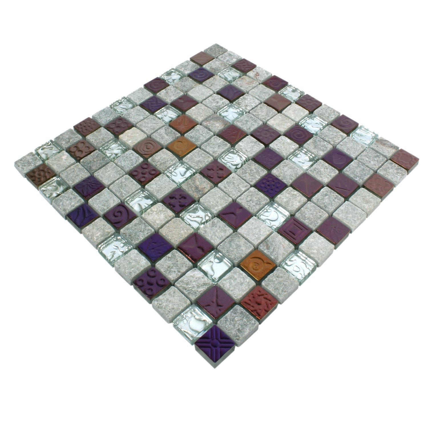 Mosafil Mosaikfliesen Glas Naturstein Mosaikfliesen Sheldrake Grau Silber, Naturstein-Glas-Quarzit 29.800x29.800, braun-grau-silber-lila, Verlegefertig auf ein Netz geklebt - Wasserfest