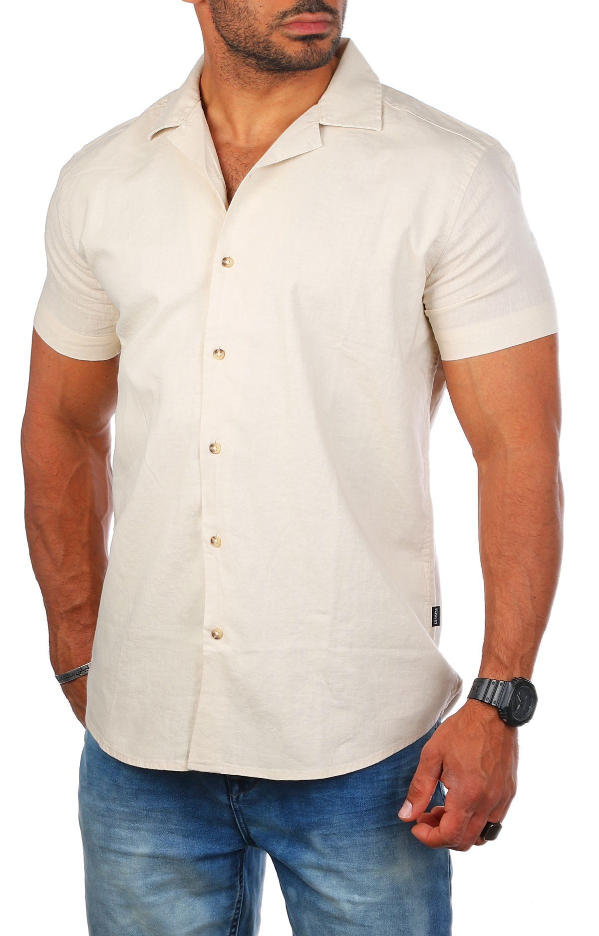 CARISMA Kurzarmhemd Herren Leinen Baumwoll Mix Casual Hemd 9212 Regular Kurzarm Kentkragen Uni – Bild 3 von 5