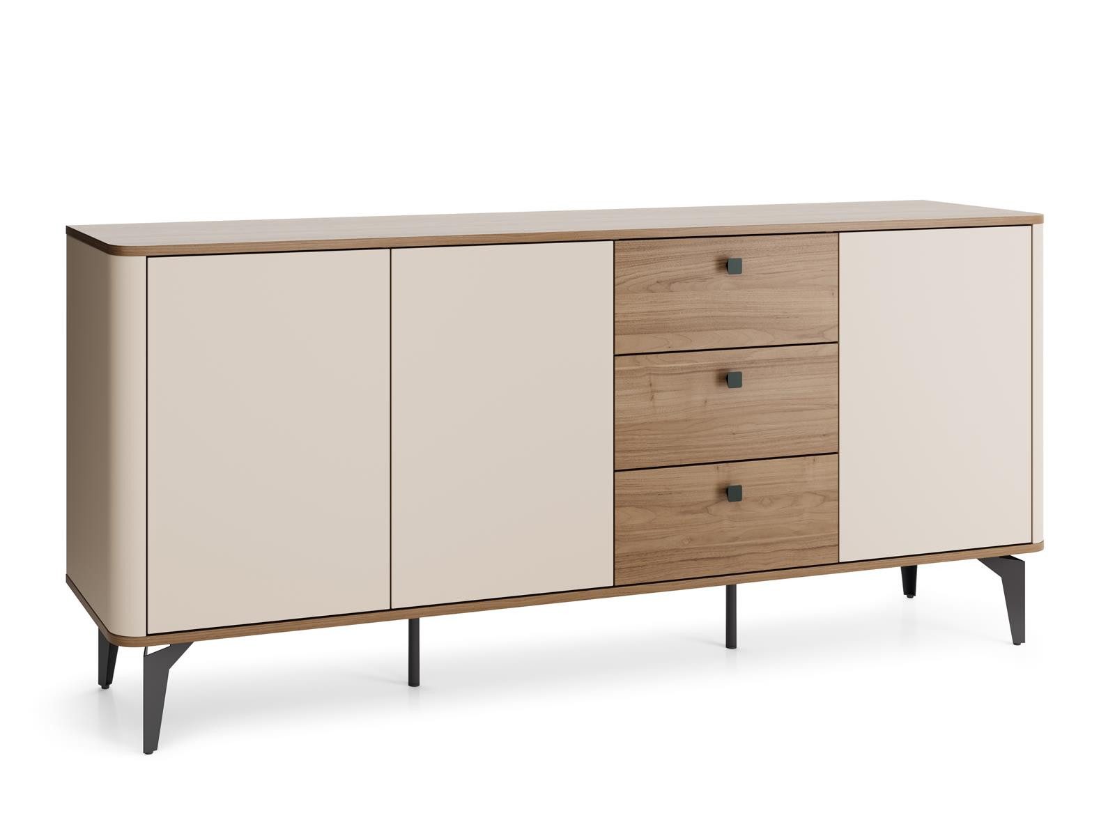 Compleo Kommode mit 3 Schubladen JONA, Sideboard 180 cm breit, Nussbaum/Kaschmir, MADE IN EU