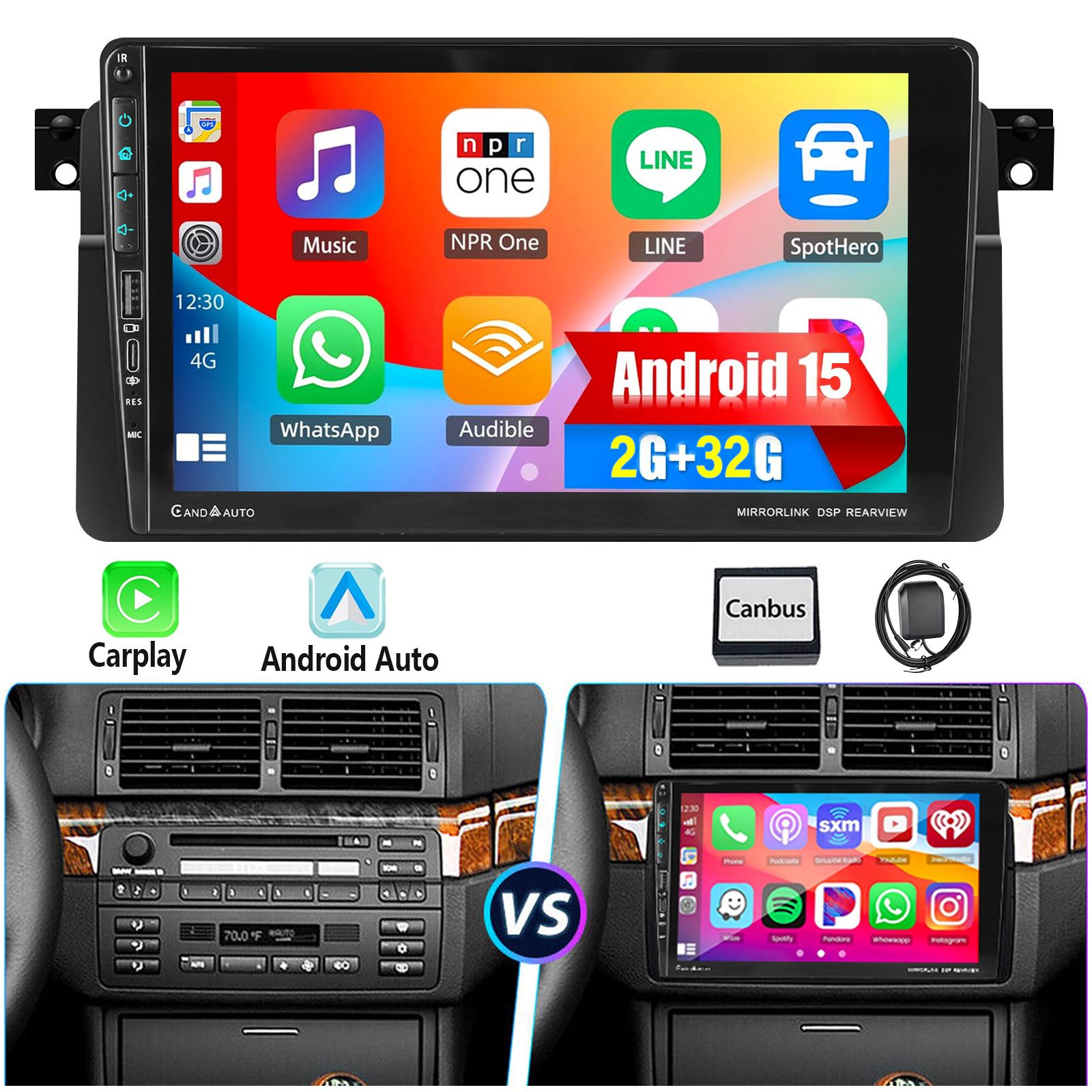 ESSGOO DAB+ 9" Für BMW E46 3er 318 320 325 M3 Android 15 Carplay GPS Navi Autoradio (Digitalradio (DAB), 4+64GB(optional), RDS, AM, FM, GPS Navi Android Auto Bluetooth EQ USB WIFI IPS Touchscreen)