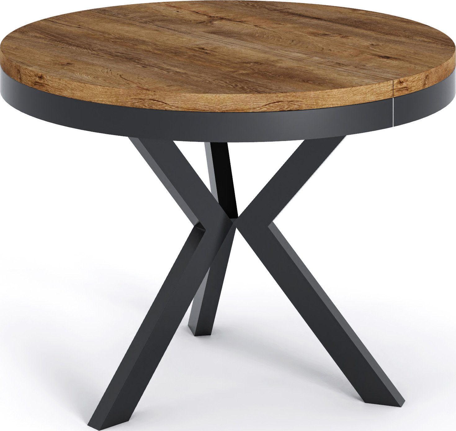 WFL GROUP Esstisch Velma ausziehbar rund loft-stil mit schwarzen Metallbeinen (MADE IN EU, erhältlich in einer Größe – 100x100x76 cm, ausziehbar auf 140 cm), platzsparender Tisch in Holzoptik für Küche, Esszimmer oder Wohnzimmer