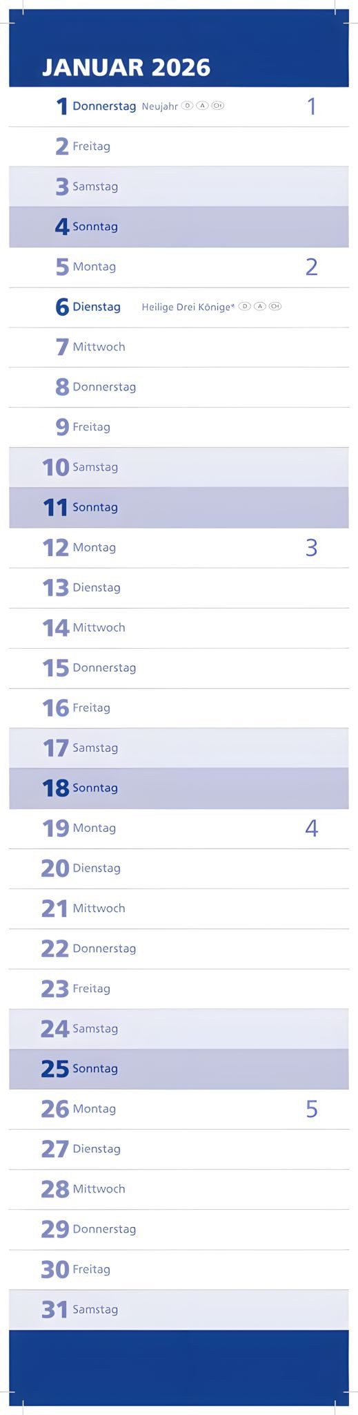 ADINA Wandkalender 2026 ADINA Streifenkalender XXL blau 64x15cm Monatskalender