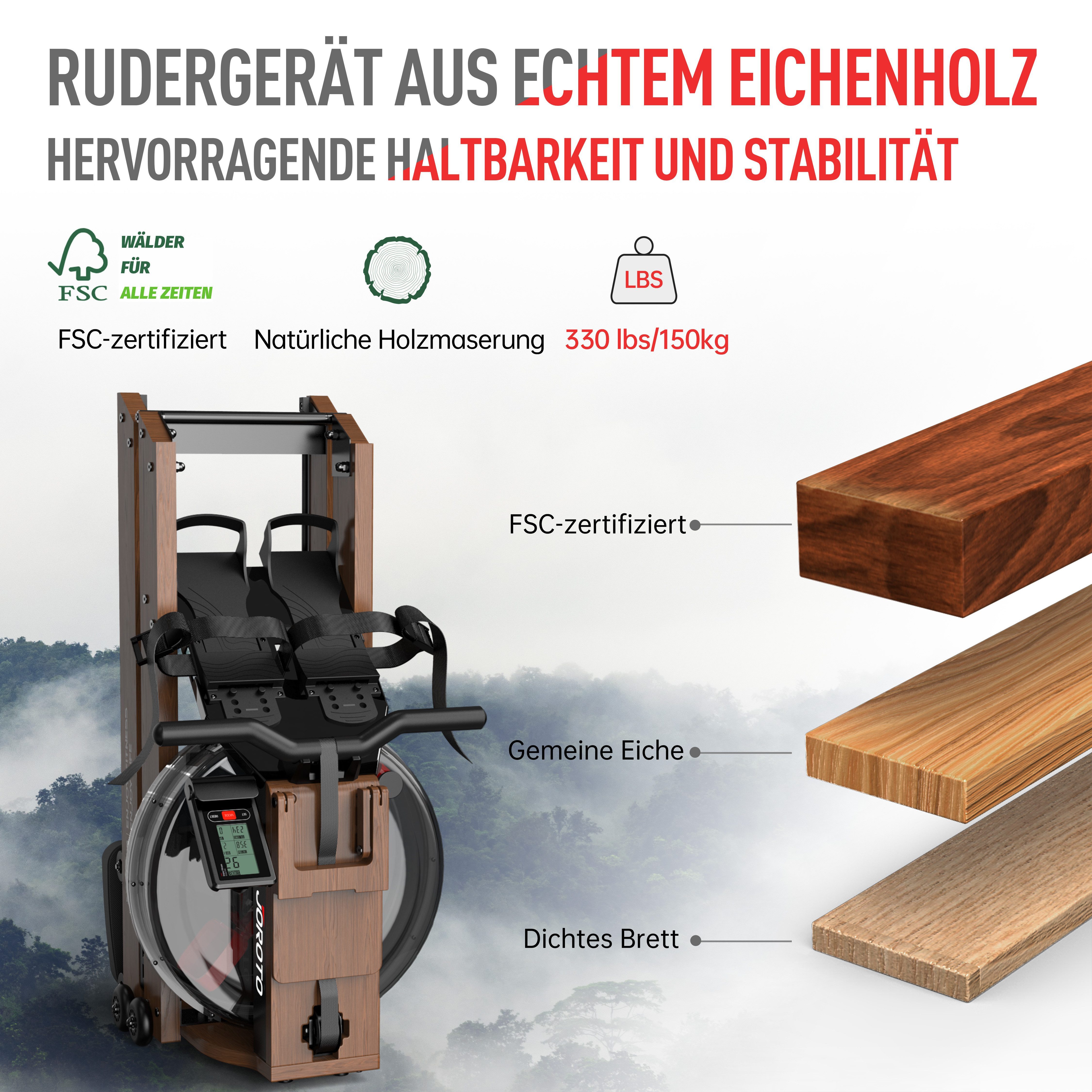 JOROTO Rudergerät für Zuhause Wasserrudergerät aus Holz, aus Eiche, Klappbares Rudergerät für zu Hause mit Bluetooth Display