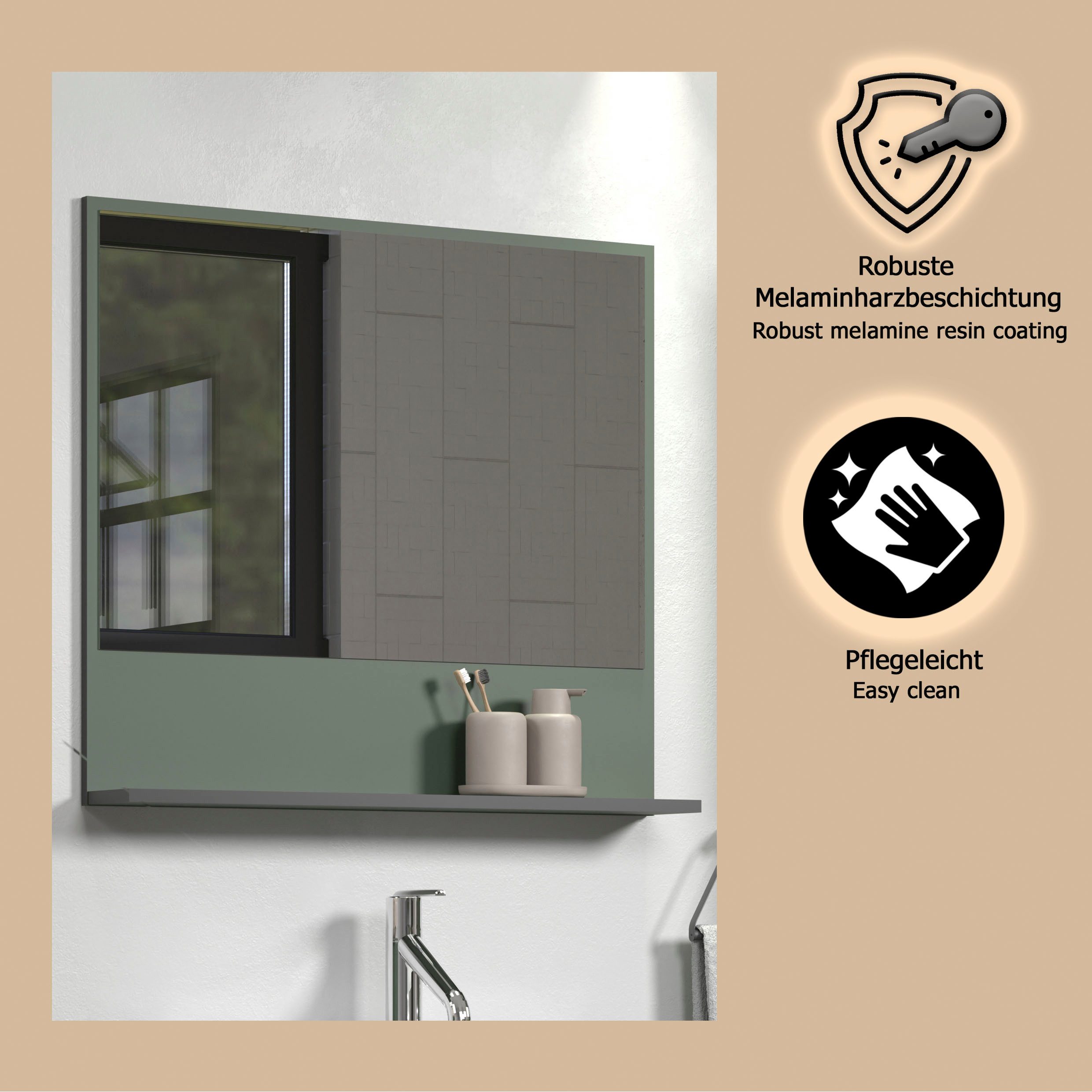 welltime Badspiegel Amrum, Wandspiegel mit Ablage - (B/T/H) wahlweise 60 bis 80/14/74 cm