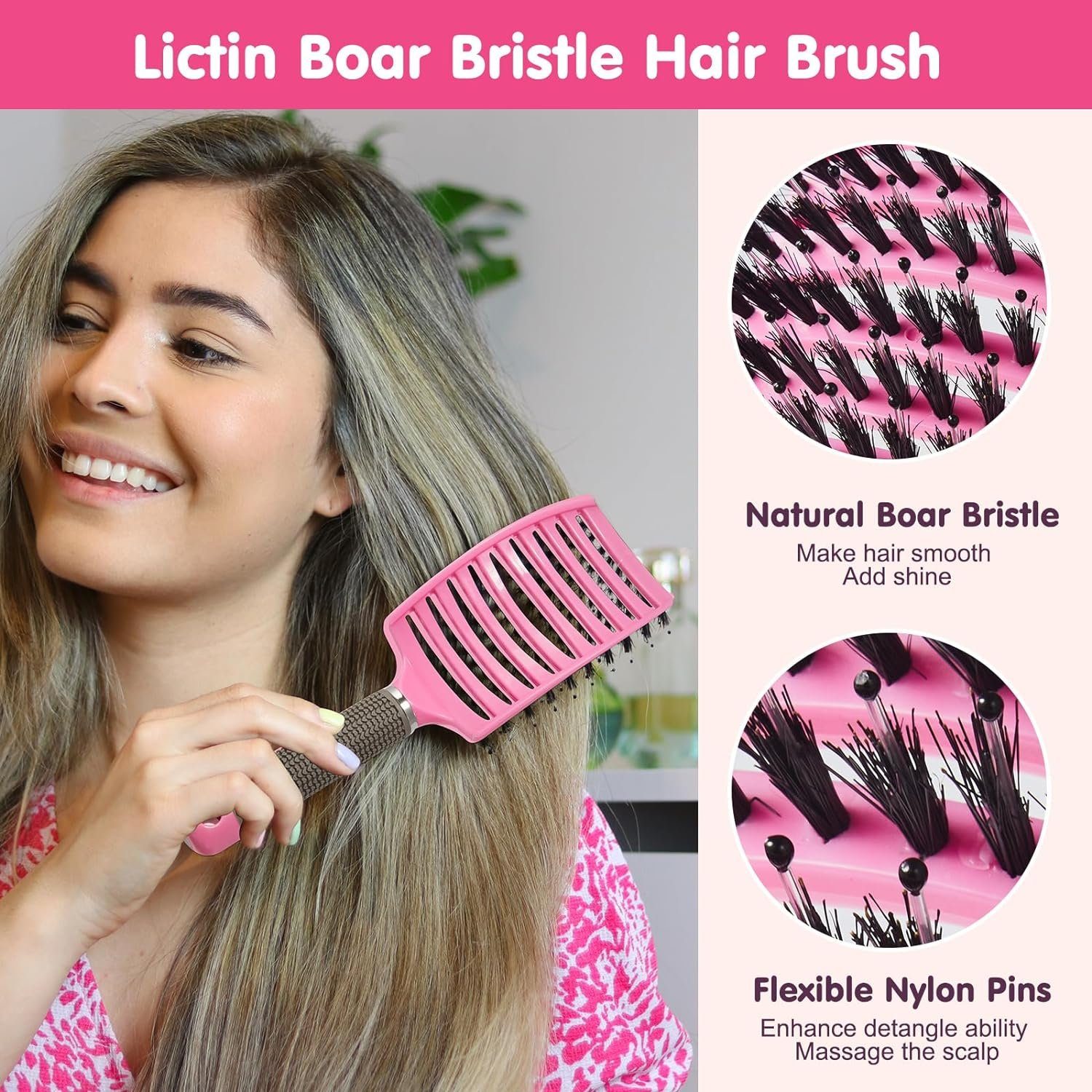 XDeer Haarbürsten-Set 2x Haarbürste ohne Ziepen Entwirrbürste mit Wildschweinborsten, gebogene und belüftete Haarbürste mit 4 Haar Klammer