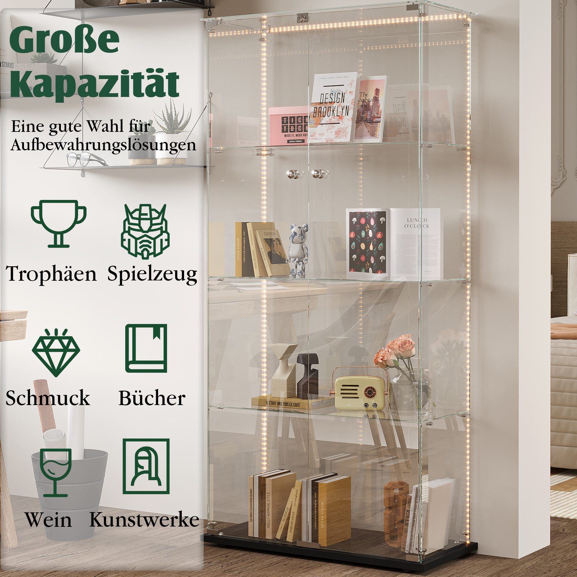 Simurq Glasvitrine Standvitrine mit LED und 2 Glastüren, Vitrinenschrank Glas (4 Ebenen(78,5x35x163 cm), 5 Ebenen(78,5x34,5x186,5 cm), Glasschrank mit 2 Türen,S – Bild 3 von 5