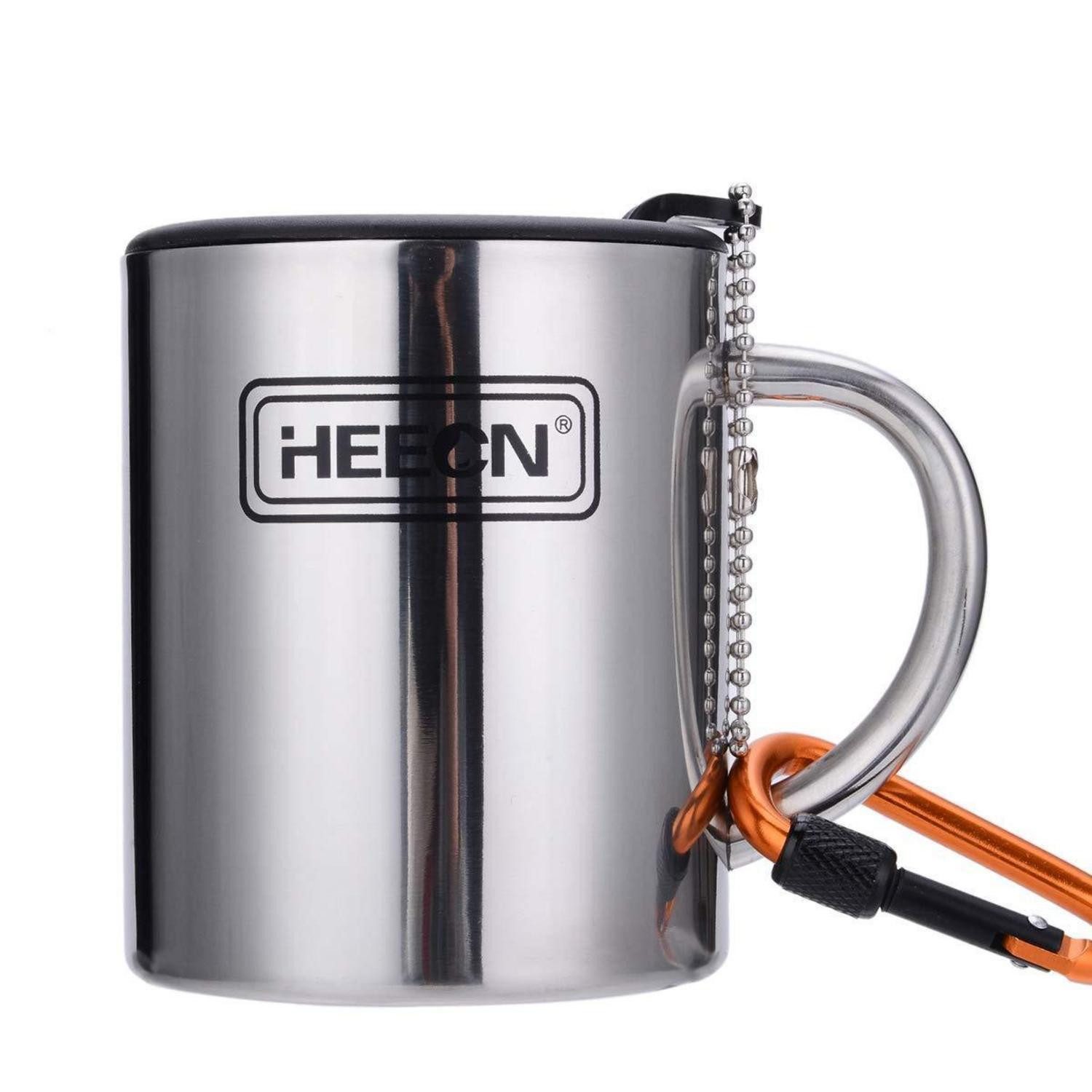LuxusKollektion Thermobecher Edelstahl Camping Becher m. Deckel & Karabiner 260ml, Metall