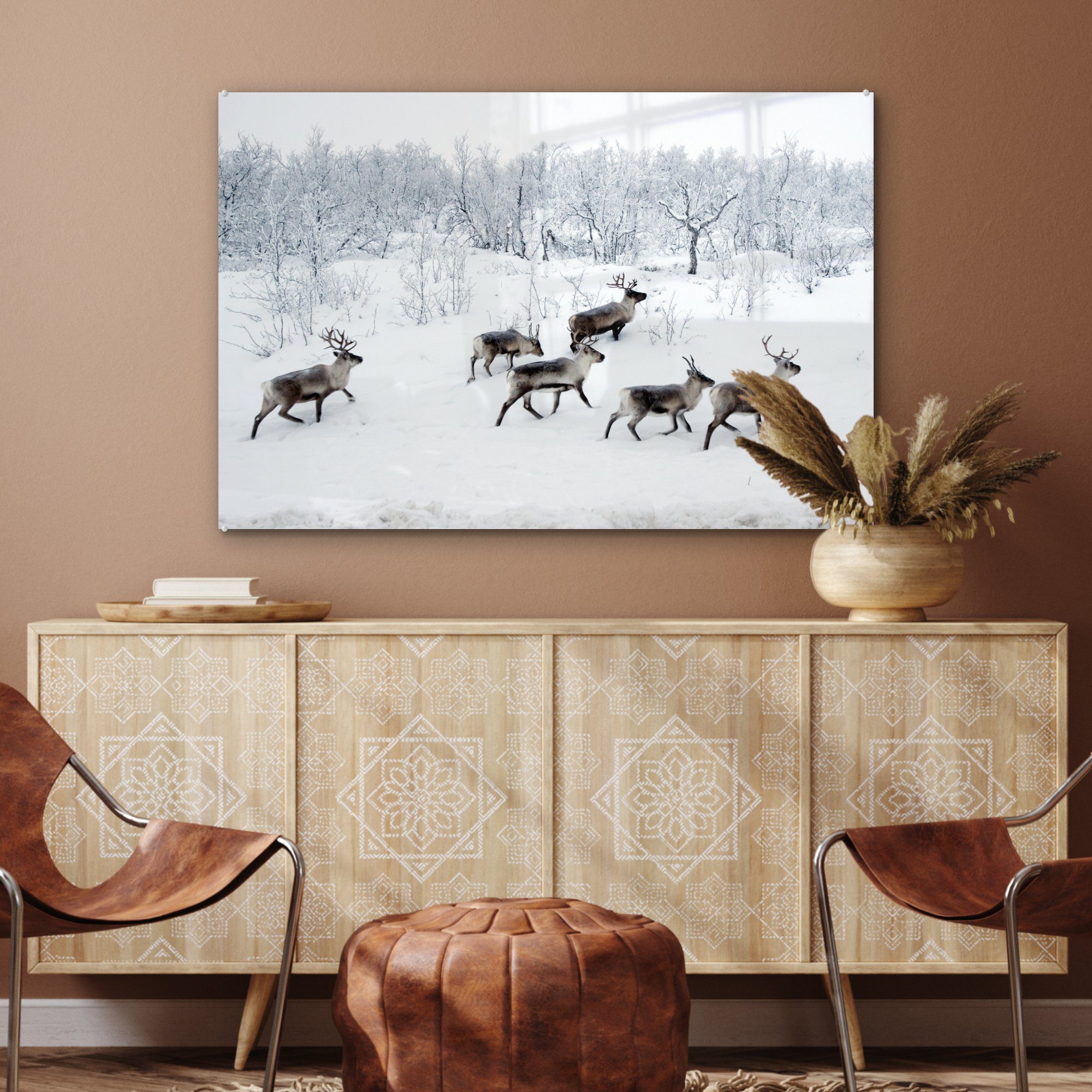 - Acrylglasbild Schlafzimmer St), (1 Winter, Acrylglasbilder - Wohnzimmer & MuchoWow - Wald Schnee Rentier