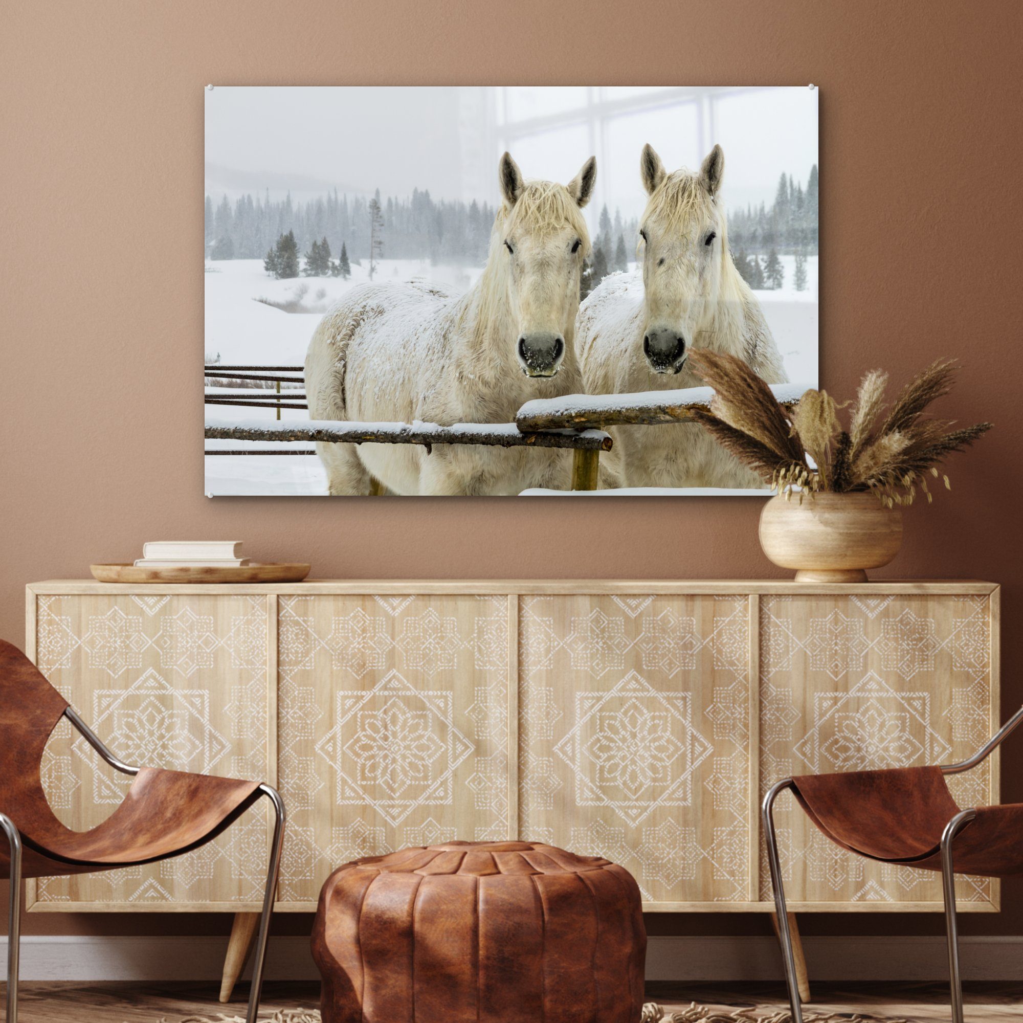 Acrylglasbilder - Zaun, & Wohnzimmer St), MuchoWow Pferde Schnee Schlafzimmer - Acrylglasbild (1