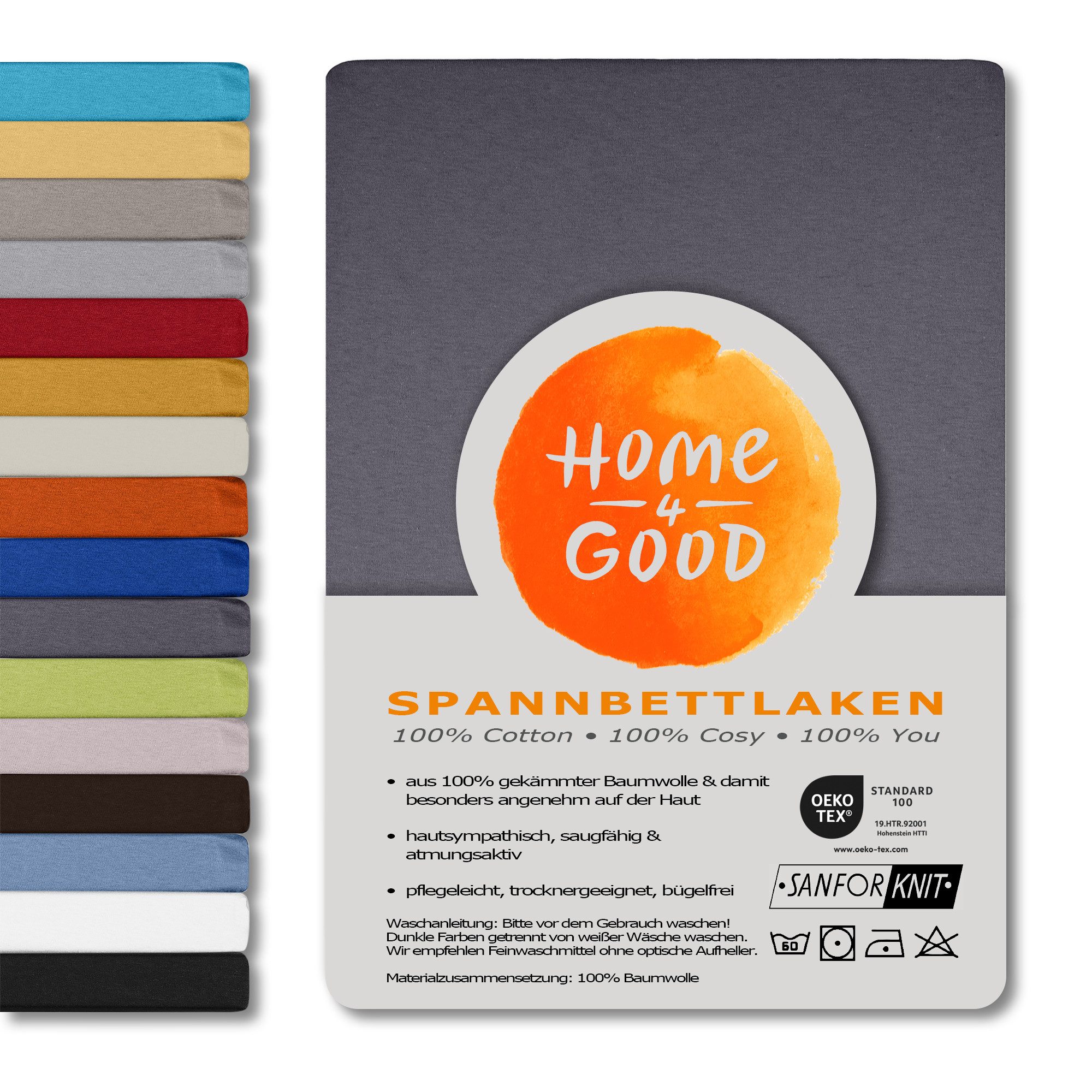 home4good Spannbettlaken viele Größen, viele Farben, 100% Baumwolle, OEKO-TEX 100, Jersey, Baumwolle, Gummizug: rundum, (1 Stück), 90x190 cm Bettlaken Spannbetttuch bis 25 cm Höhe - Grau